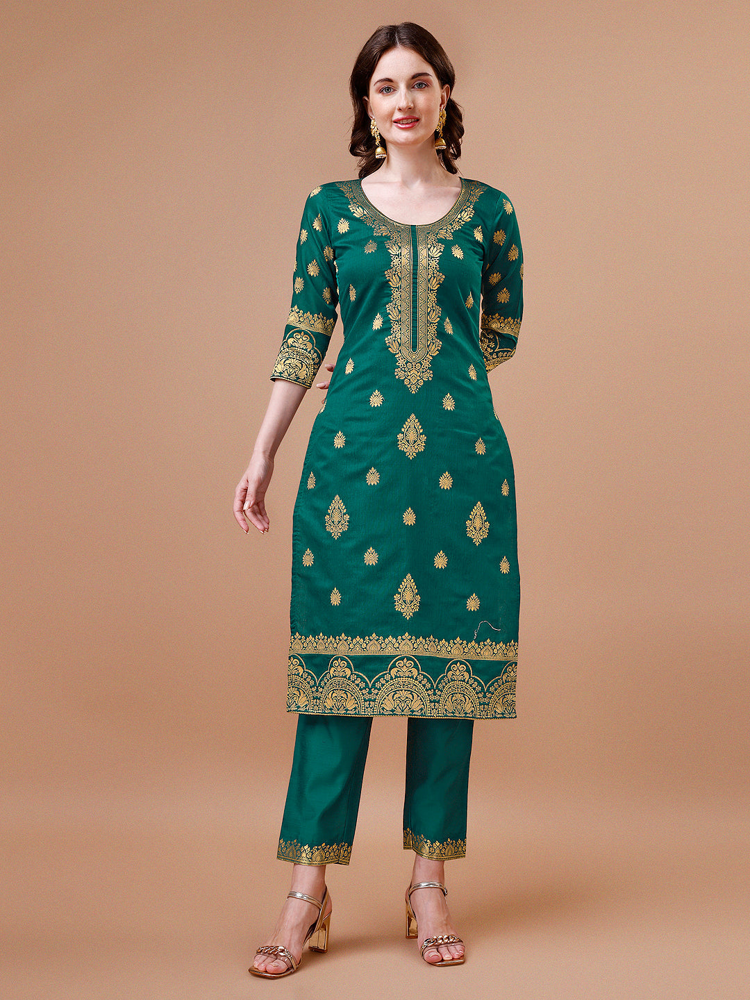 Pure Banarasi Chanderi Jacquard Kurta With Pant & Dupatta Set, Multicolor - Hiral Fashion