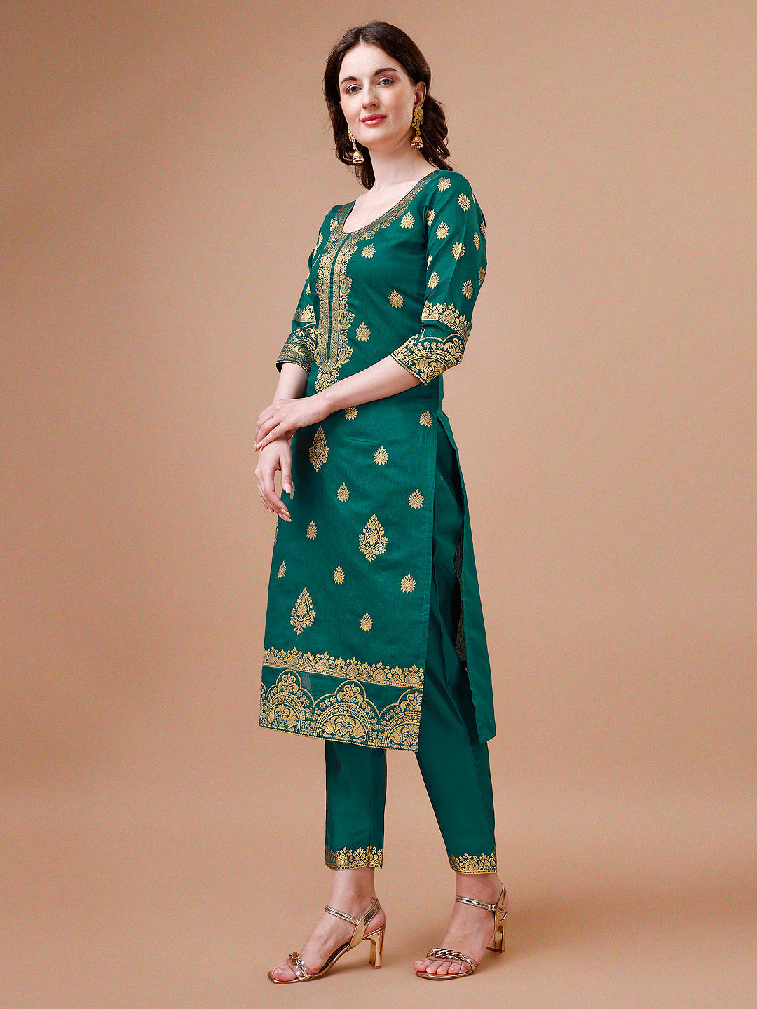 Pure Banarasi Chanderi Jacquard Kurta With Pant & Dupatta Set, Multicolor - Hiral Fashion
