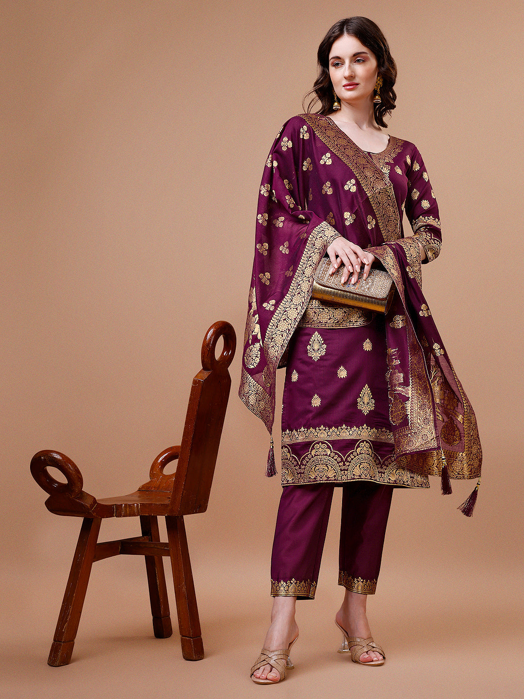 Pure Banarasi Chanderi Jacquard Kurta With Pant & Dupatta Set, Multicolor - Hiral Fashion