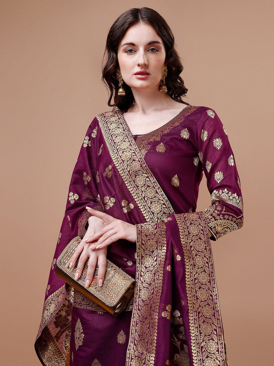 Pure Banarasi Chanderi Jacquard Kurta With Pant & Dupatta Set, Multicolor - Hiral Fashion