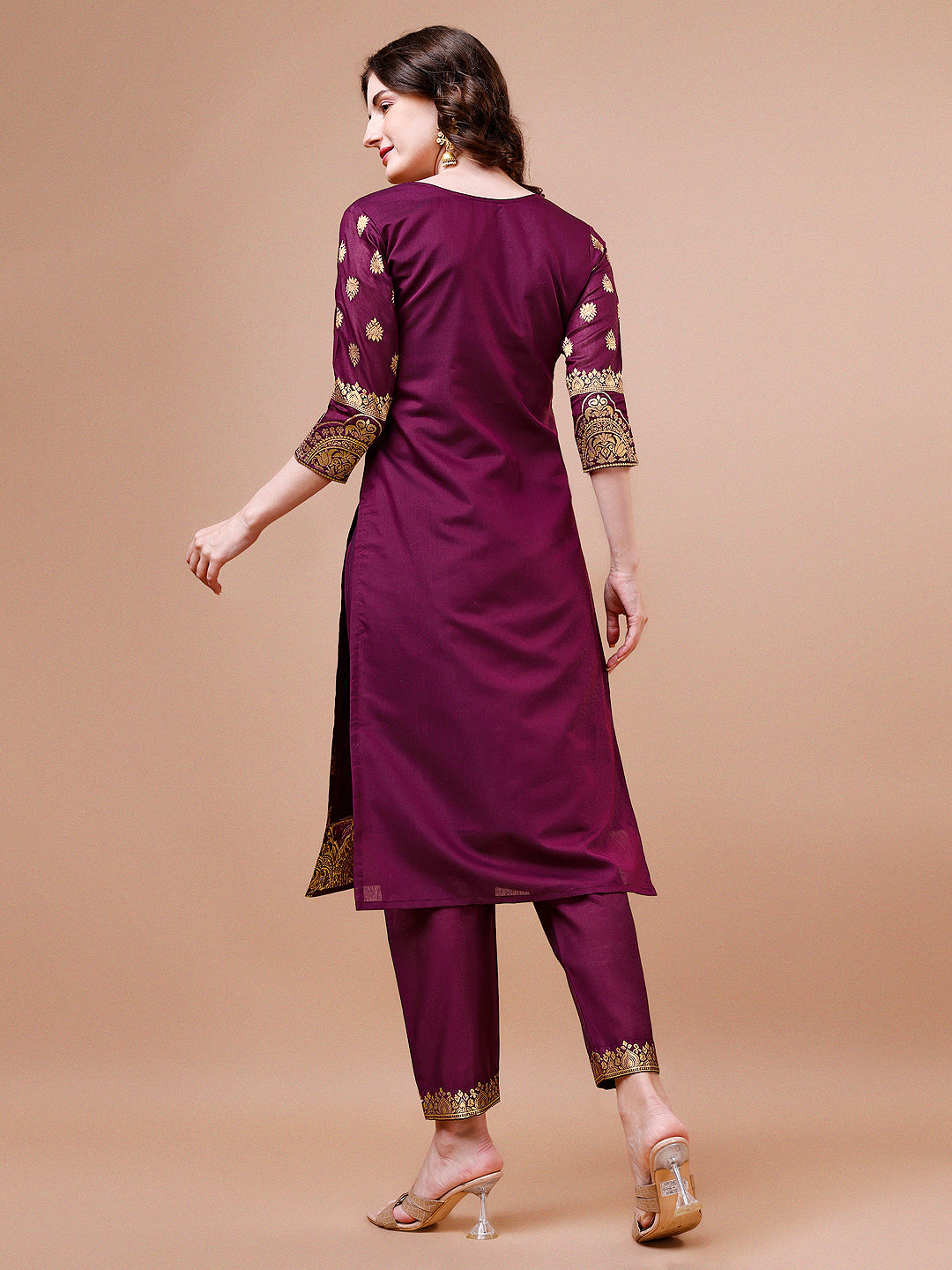 Pure Banarasi Chanderi Jacquard Kurta With Pant & Dupatta Set, Multicolor - Hiral Fashion