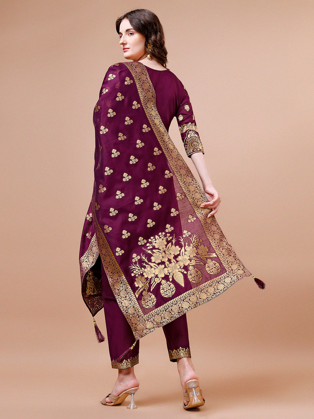 Pure Banarasi Chanderi Jacquard Kurta With Pant & Dupatta Set, Multicolor - Hiral Fashion