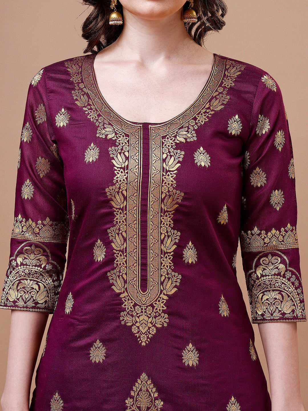 Pure Banarasi Chanderi Jacquard Kurta With Pant & Dupatta Set, Multicolor - Hiral Fashion