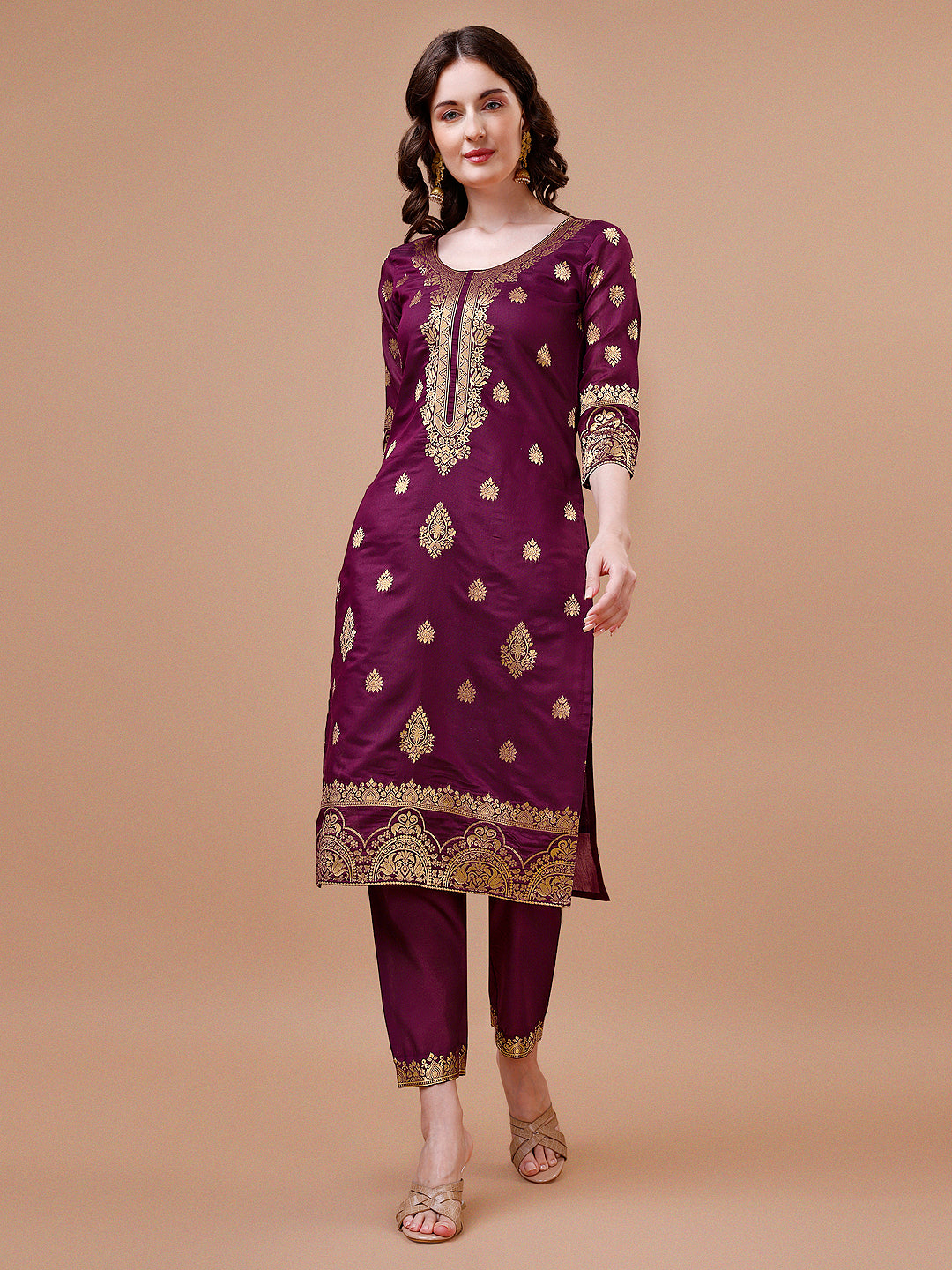 Pure Banarasi Chanderi Jacquard Kurta With Pant & Dupatta Set, Multicolor - Hiral Fashion