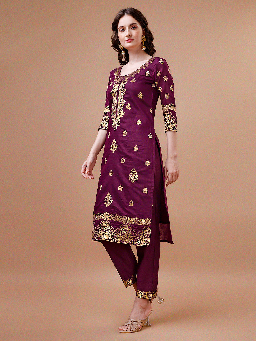 Pure Banarasi Chanderi Jacquard Kurta With Pant & Dupatta Set, Multicolor - Hiral Fashion