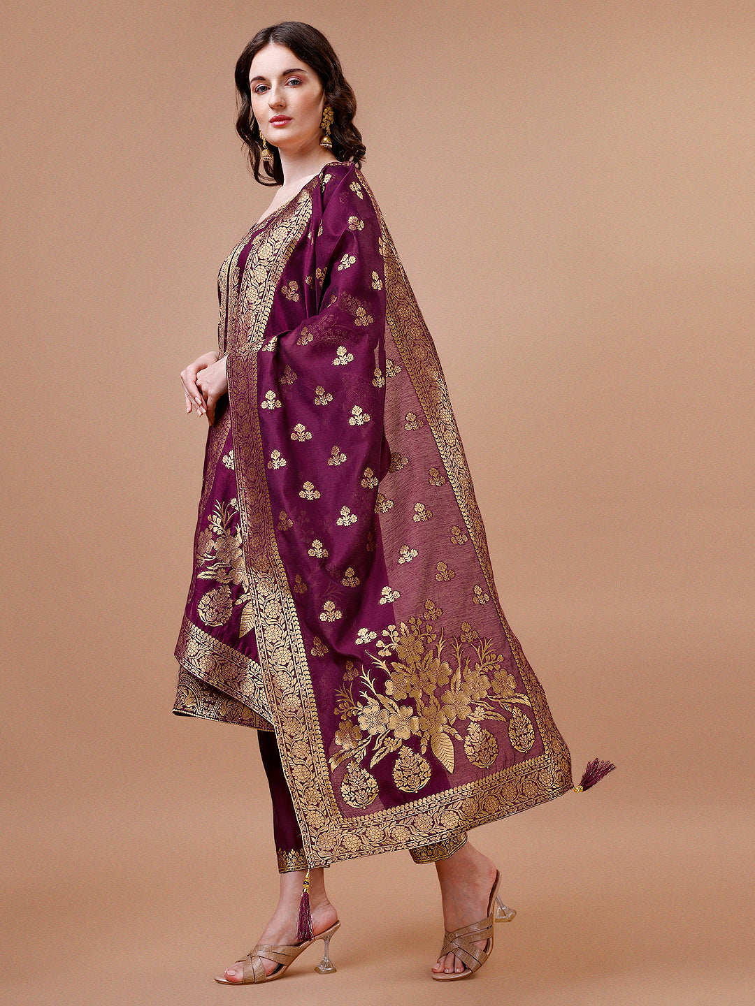 Pure Banarasi Chanderi Jacquard Kurta With Pant & Dupatta Set, Multicolor - Hiral Fashion