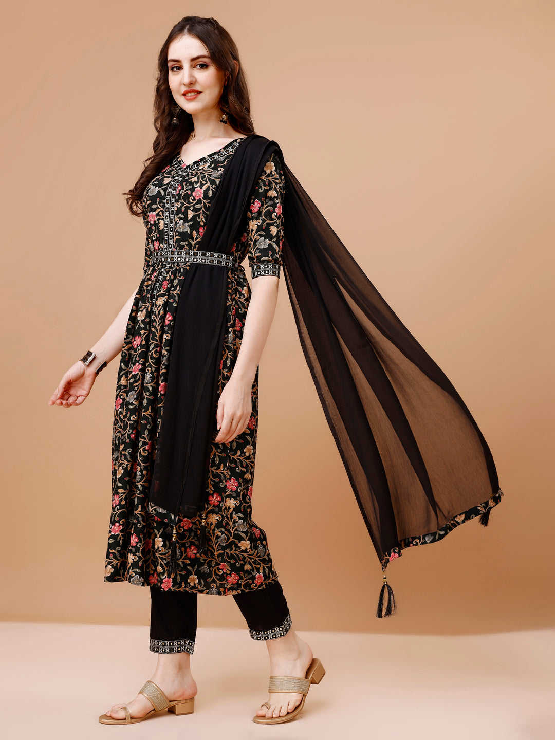 Embroidered Front Slit Floral Printed Kurta With Pant,Dupatta & Belt, Multicolor - Hiral Fashion