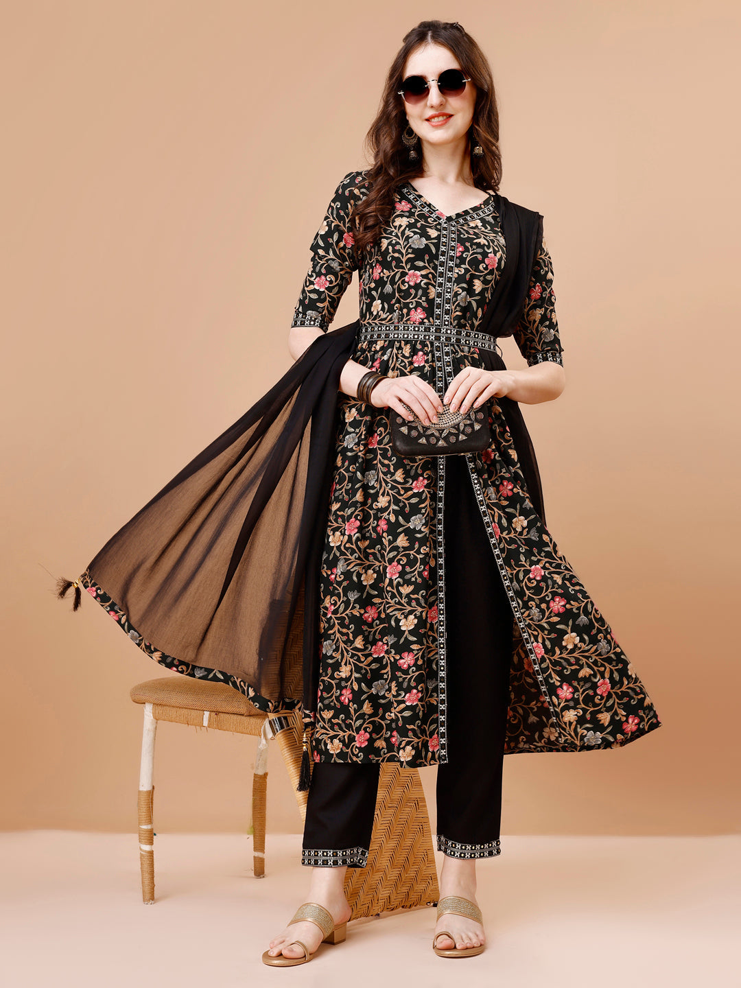 Embroidered Front Slit Floral Printed Kurta With Pant,Dupatta & Belt, Multicolor - Hiral Fashion