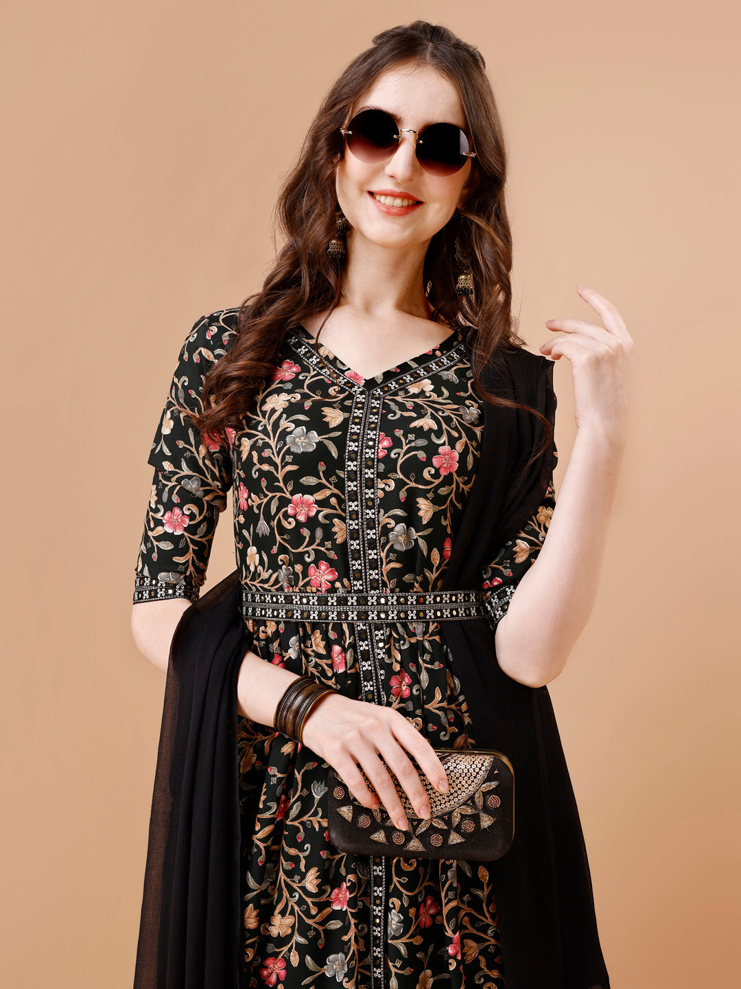 Embroidered Front Slit Floral Printed Kurta With Pant,Dupatta & Belt, Multicolor - Hiral Fashion