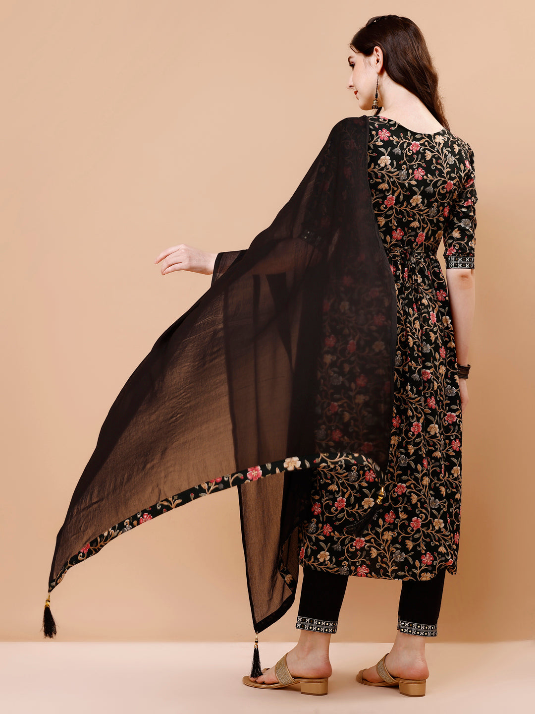 Embroidered Front Slit Floral Printed Kurta With Pant,Dupatta & Belt, Multicolor - Hiral Fashion