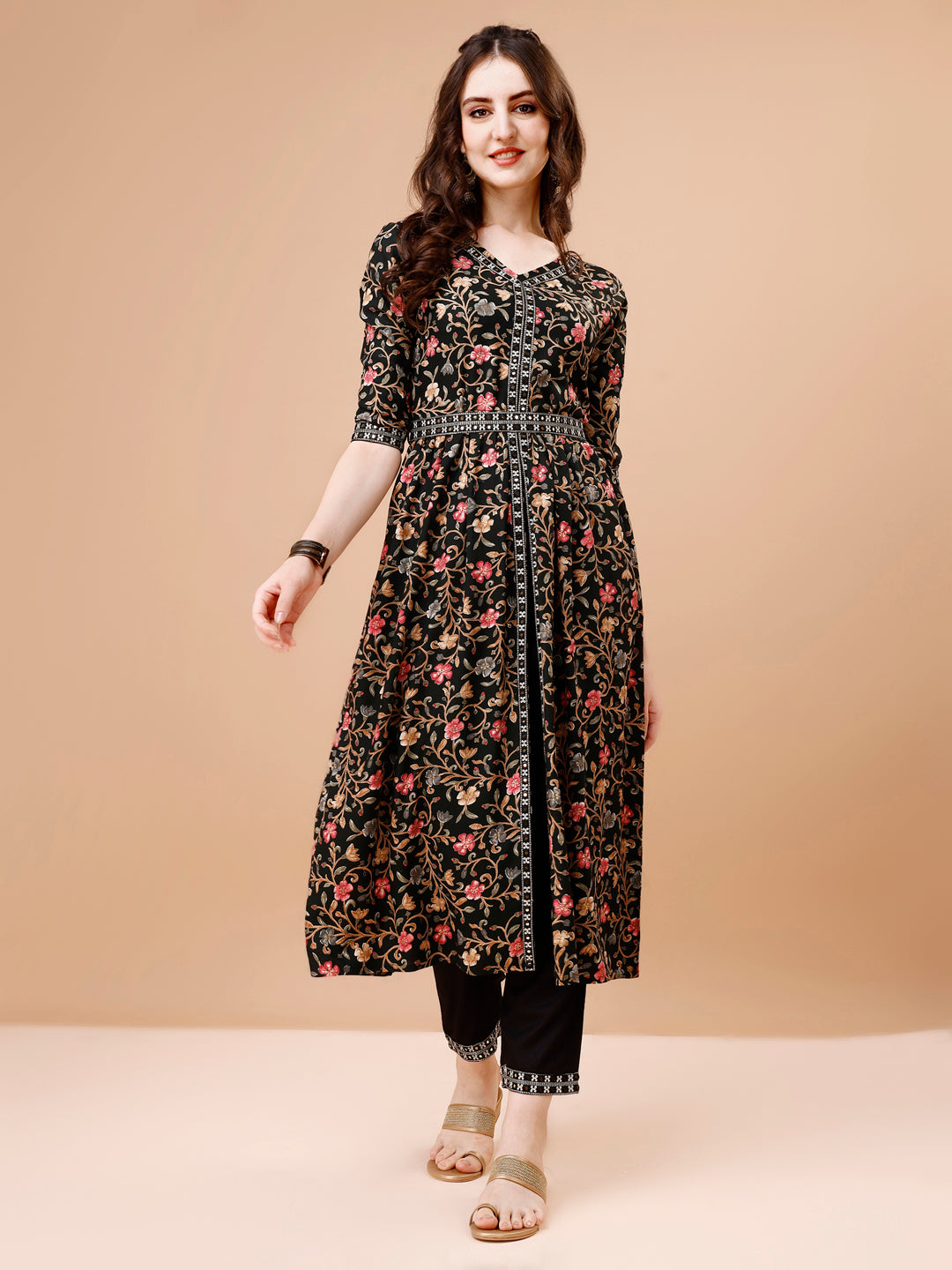Embroidered Front Slit Floral Printed Kurta With Pant,Dupatta & Belt, Multicolor - Hiral Fashion