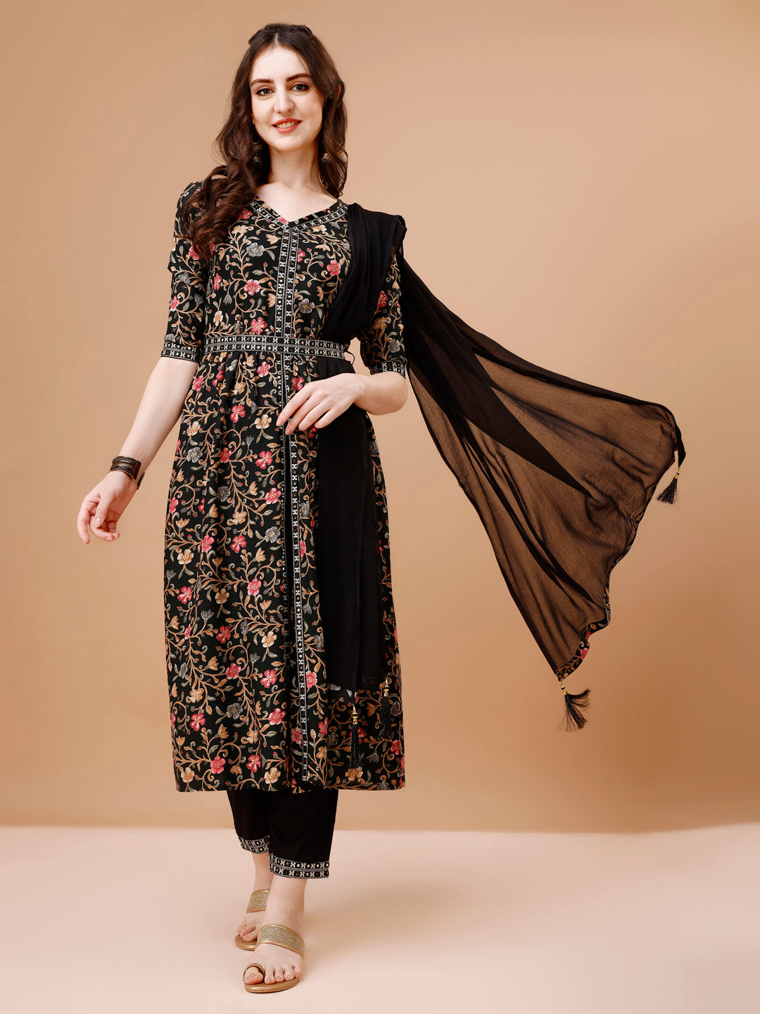 Embroidered Front Slit Floral Printed Kurta With Pant,Dupatta & Belt, Multicolor - Hiral Fashion