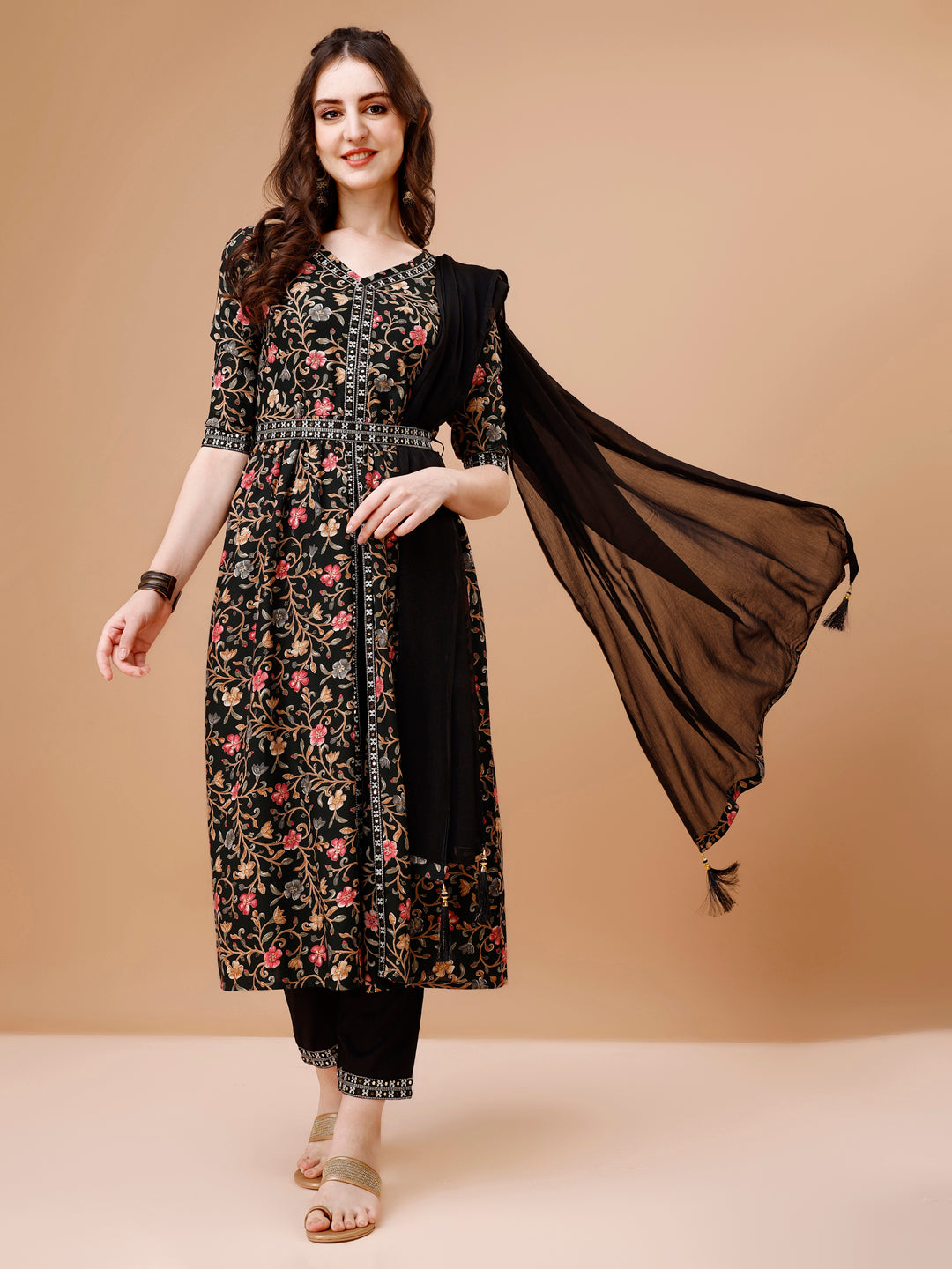 Embroidered Front Slit Floral Printed Kurta With Pant,Dupatta & Belt, Multicolor - Hiral Fashion