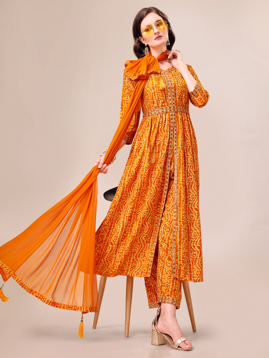 Printed & Embroidered Front Slit Kurta, Pant, Dupatta And Belt Set, Multicolor - Hiral Fashion