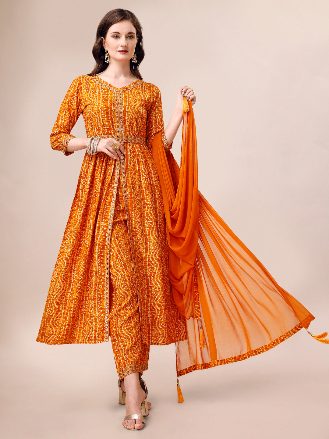 Printed & Embroidered Front Slit Kurta, Pant, Dupatta And Belt Set, Multicolor - Hiral Fashion