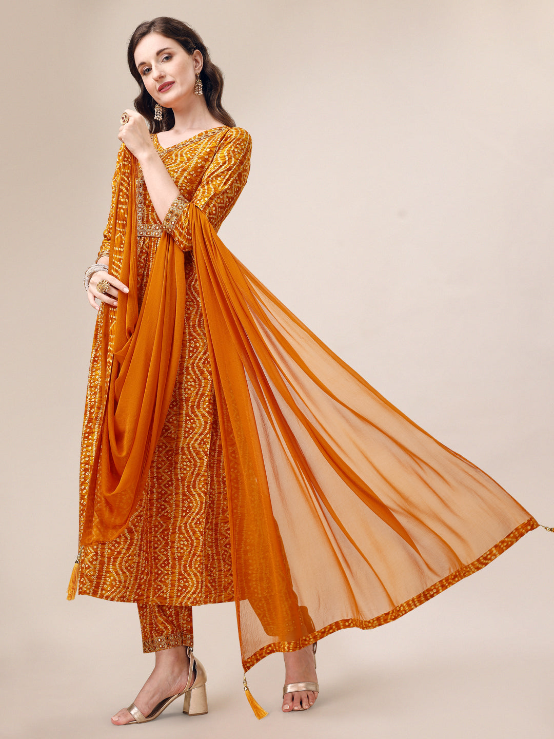Printed & Embroidered Front Slit Kurta, Pant, Dupatta And Belt Set, Multicolor - Hiral Fashion