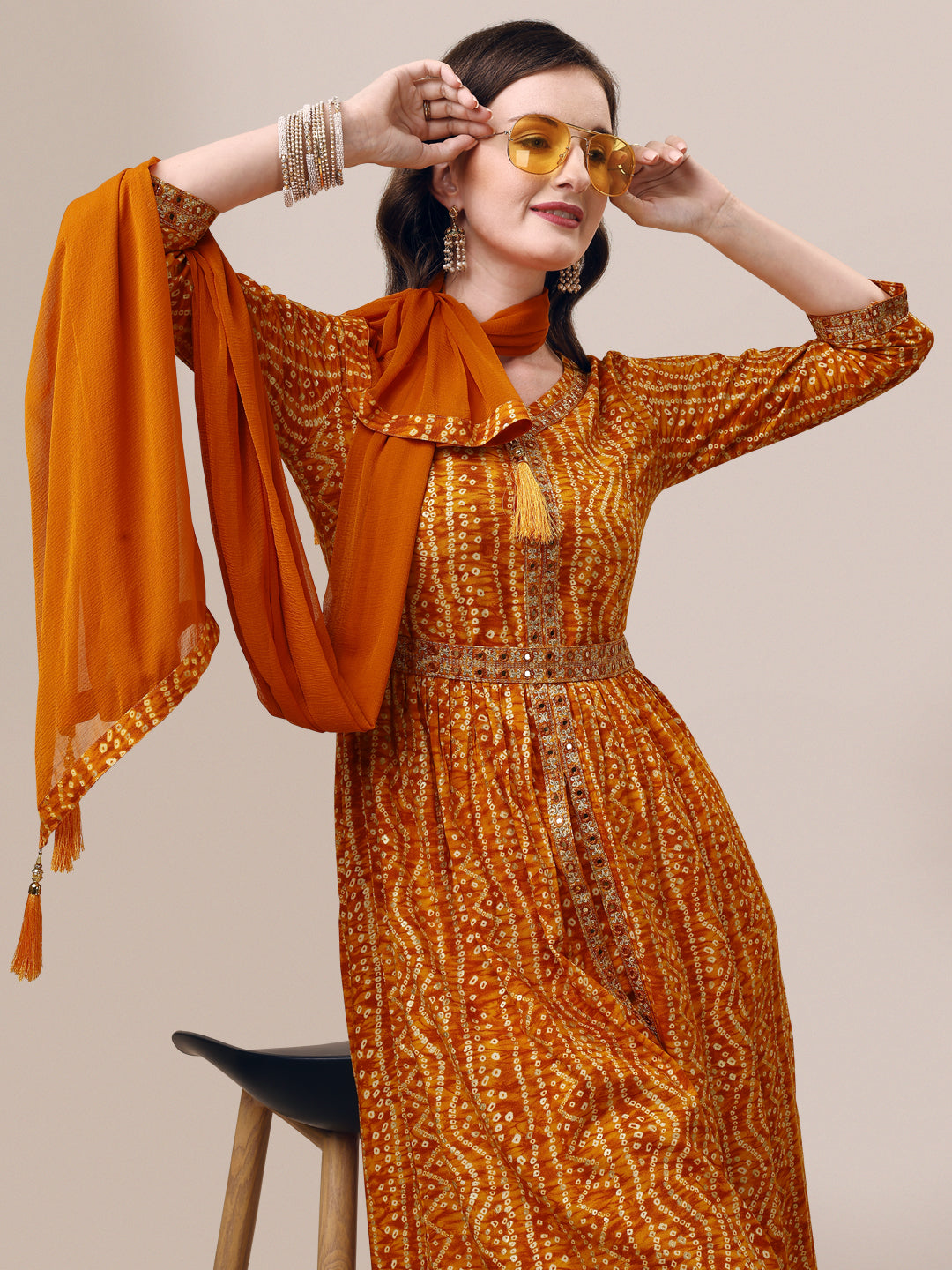 Printed & Embroidered Front Slit Kurta, Pant, Dupatta And Belt Set, Multicolor - Hiral Fashion