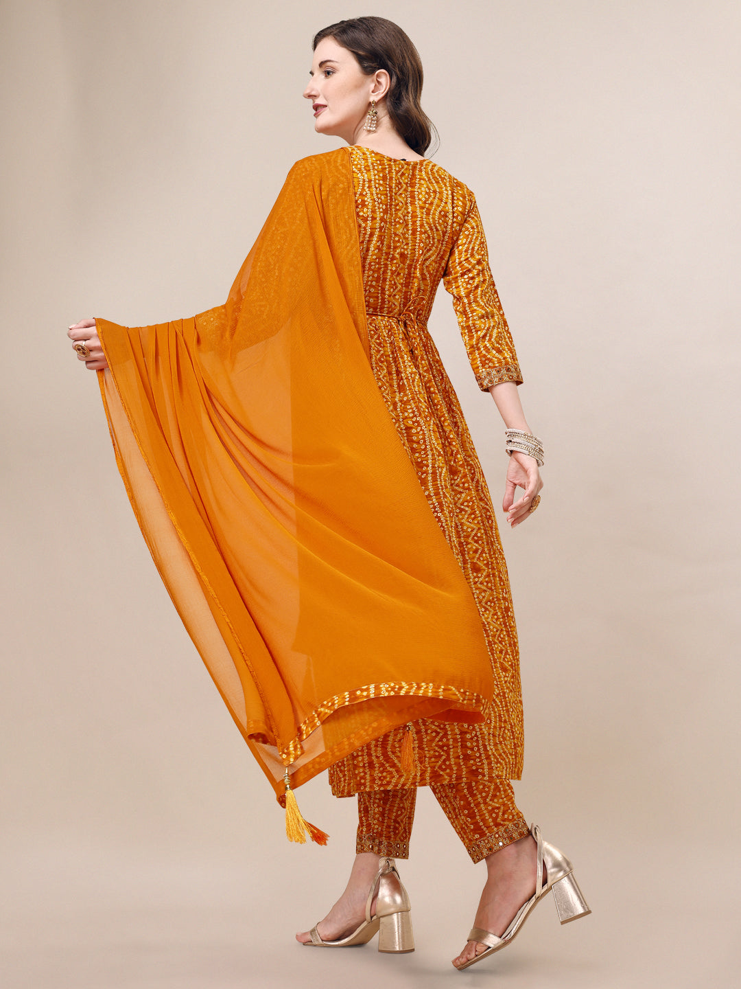 Printed & Embroidered Front Slit Kurta, Pant, Dupatta And Belt Set, Multicolor - Hiral Fashion