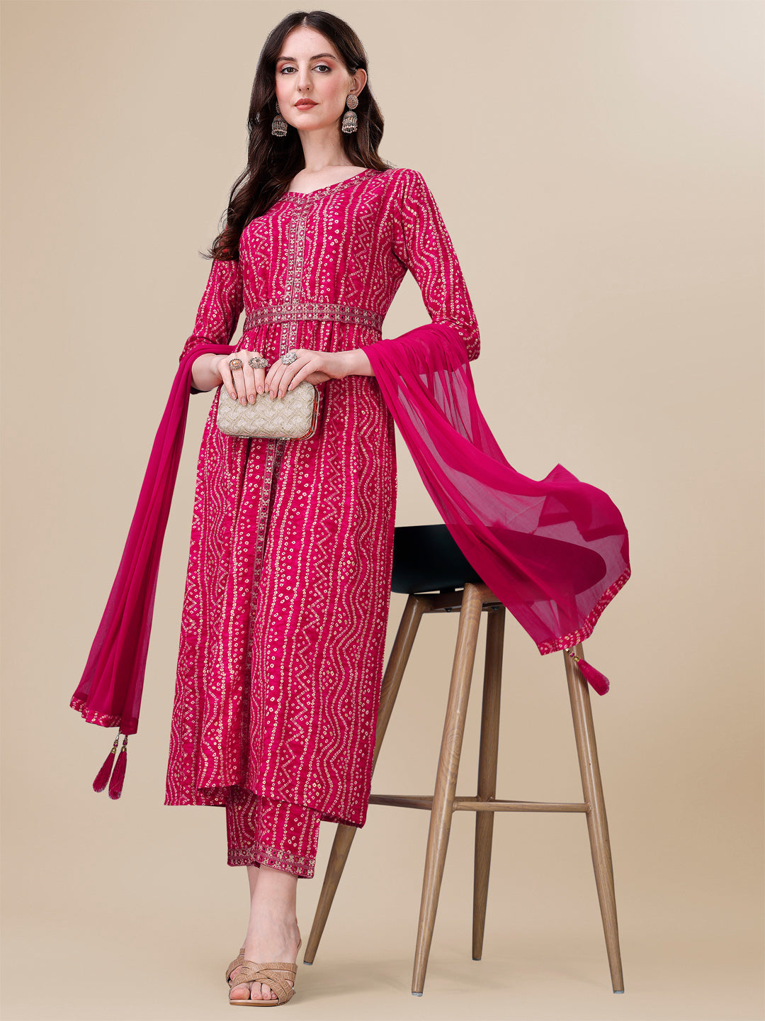 Printed & Embroidered Front Slit Kurta, Pant, Dupatta And Belt Set, Multicolor - Hiral Fashion