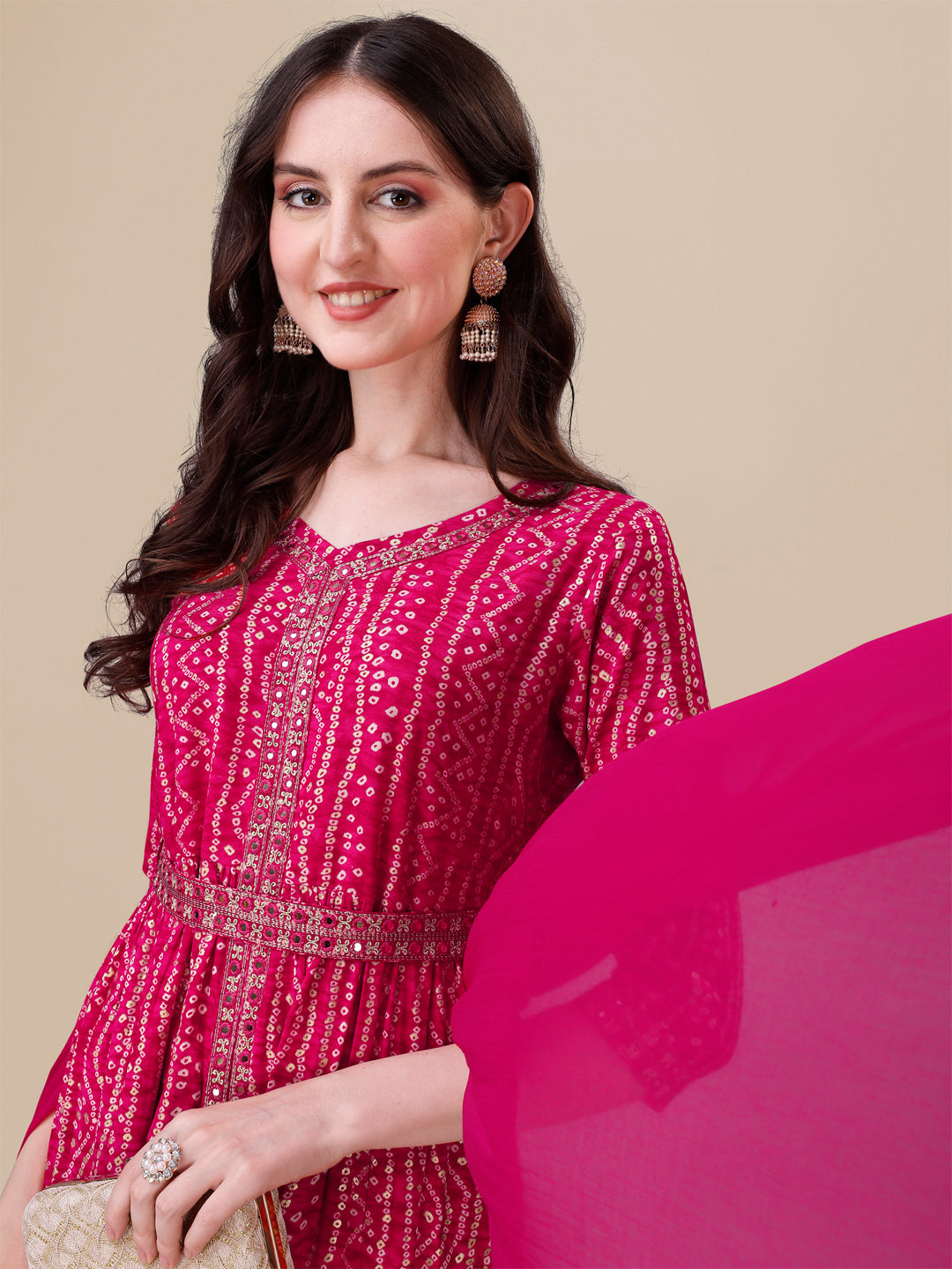 Printed & Embroidered Front Slit Kurta, Pant, Dupatta And Belt Set, Multicolor - Hiral Fashion