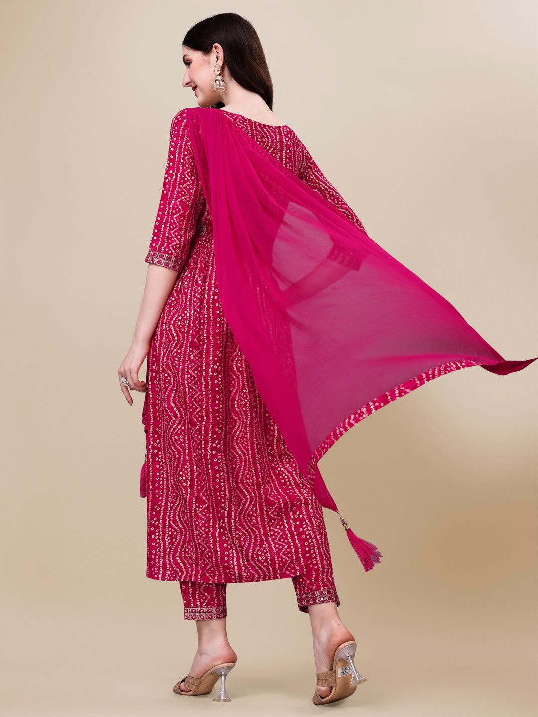 Printed & Embroidered Front Slit Kurta, Pant, Dupatta And Belt Set, Multicolor - Hiral Fashion