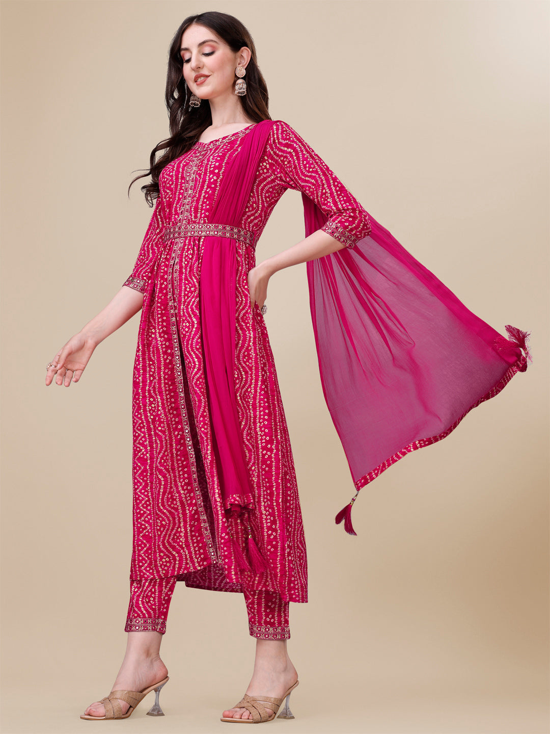 Printed & Embroidered Front Slit Kurta, Pant, Dupatta And Belt Set, Multicolor - Hiral Fashion