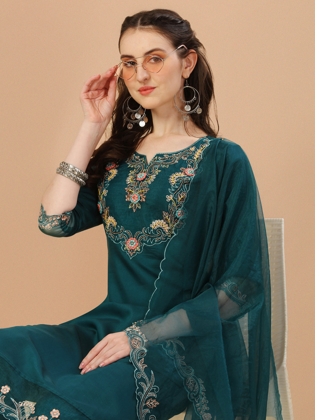 Hand Embroidered Kurta With Pant & Organza Premium Embroidered Dupatta, Multicolor - Hiral Fashion