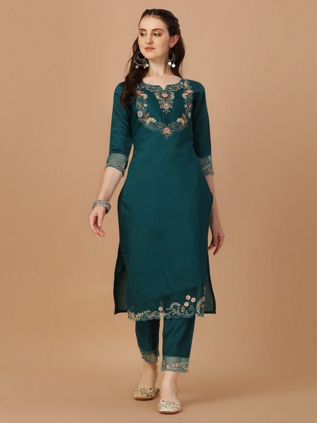 Hand Embroidered Kurta With Pant & Organza Premium Embroidered Dupatta, Multicolor - Hiral Fashion