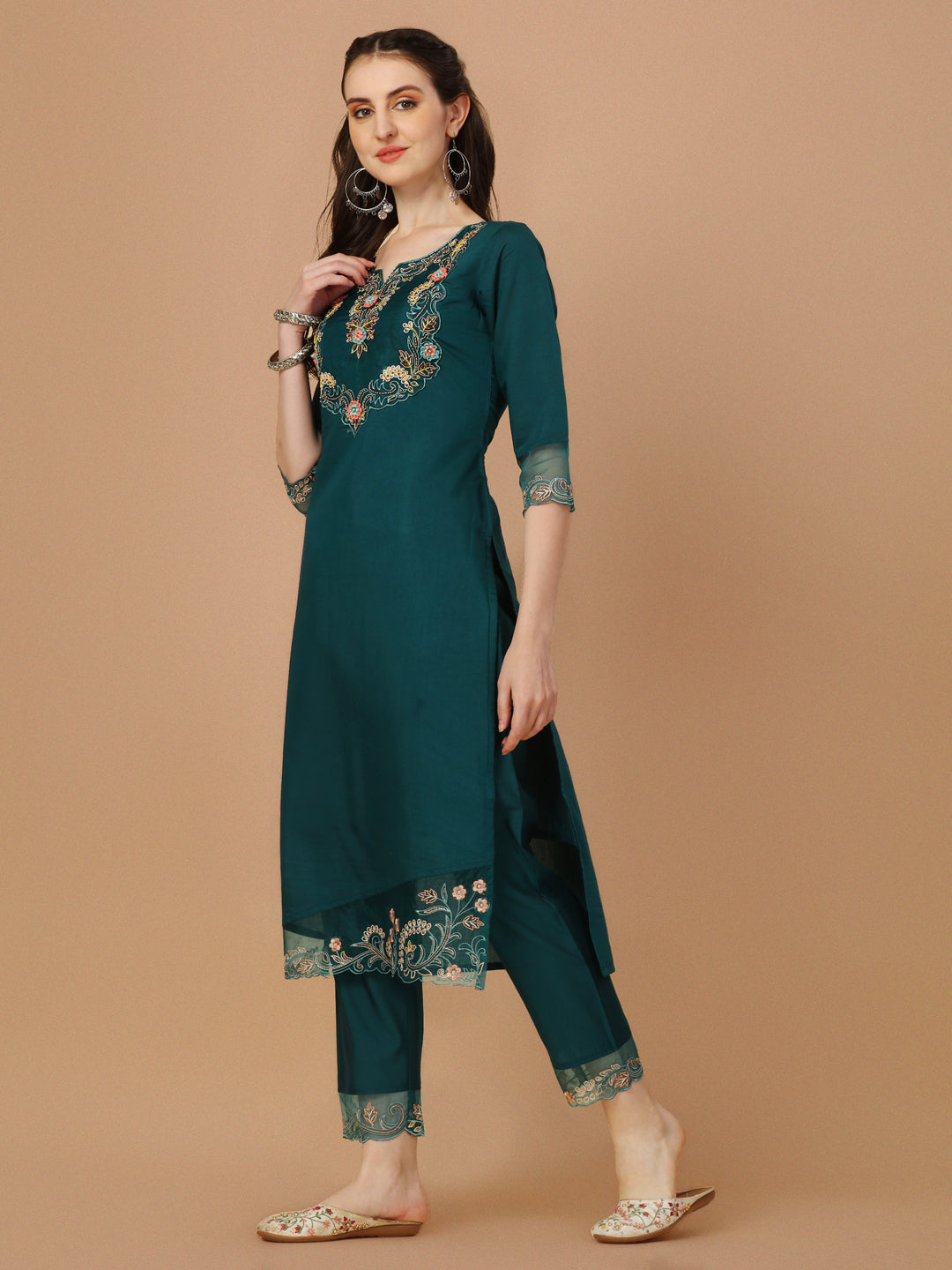 Hand Embroidered Kurta With Pant & Organza Premium Embroidered Dupatta, Multicolor - Hiral Fashion