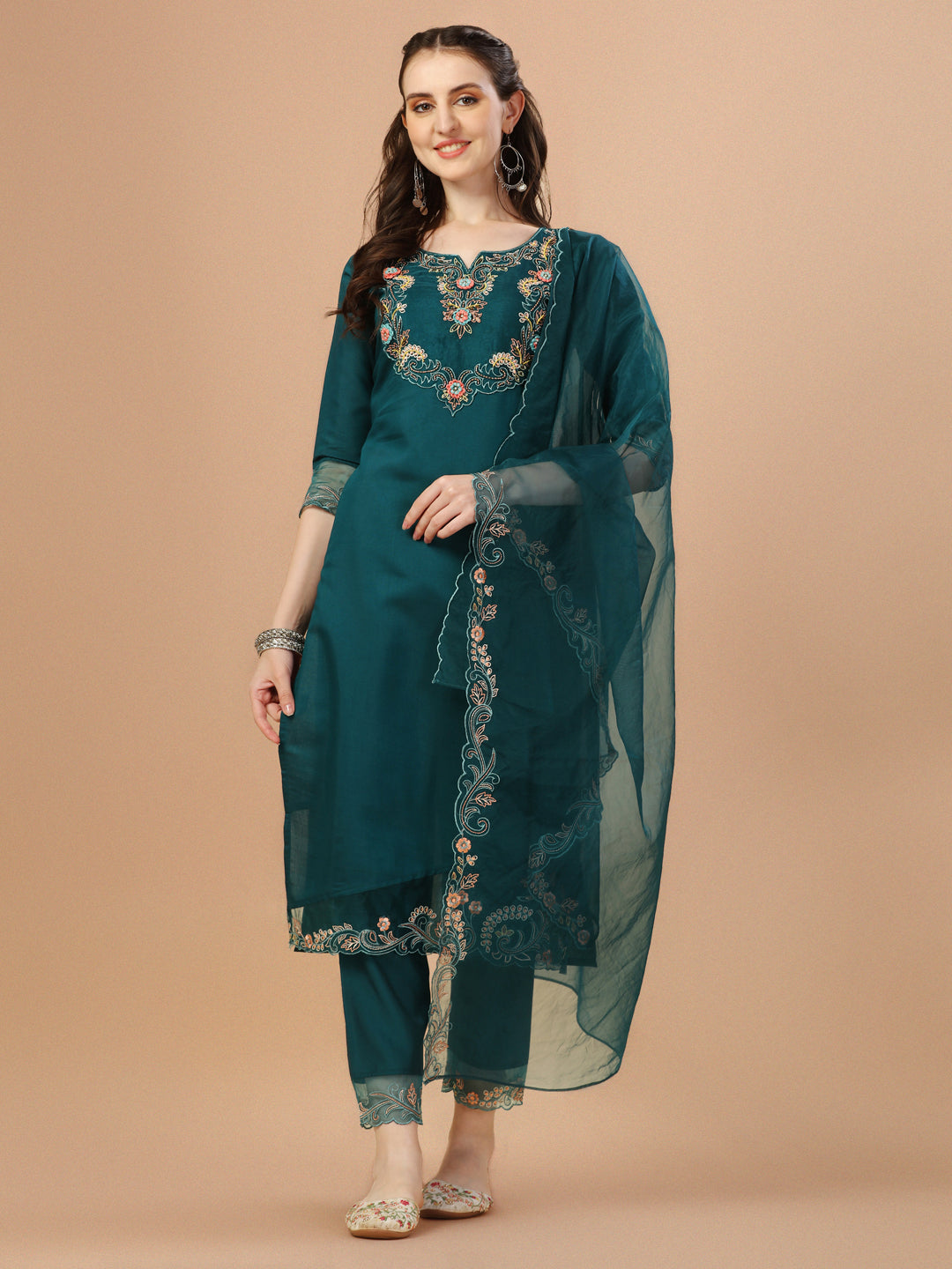 Hand Embroidered Kurta With Pant & Organza Premium Embroidered Dupatta, Multicolor - Hiral Fashion
