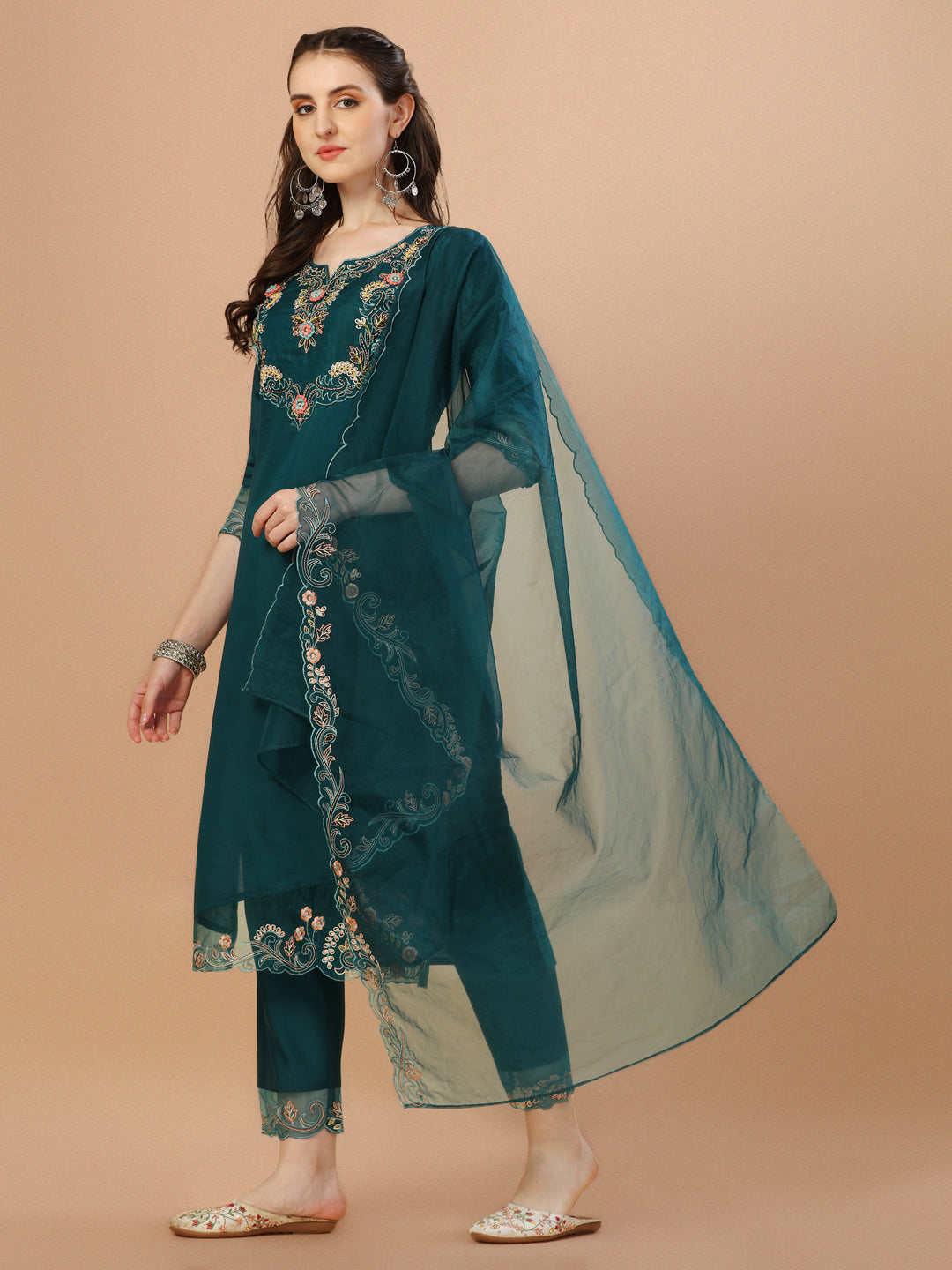 Hand Embroidered Kurta With Pant & Organza Premium Embroidered Dupatta, Multicolor - Hiral Fashion