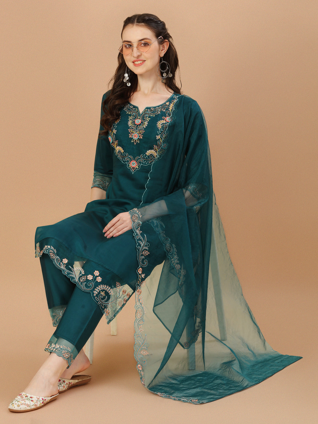 Hand Embroidered Kurta With Pant & Organza Premium Embroidered Dupatta, Multicolor - Hiral Fashion