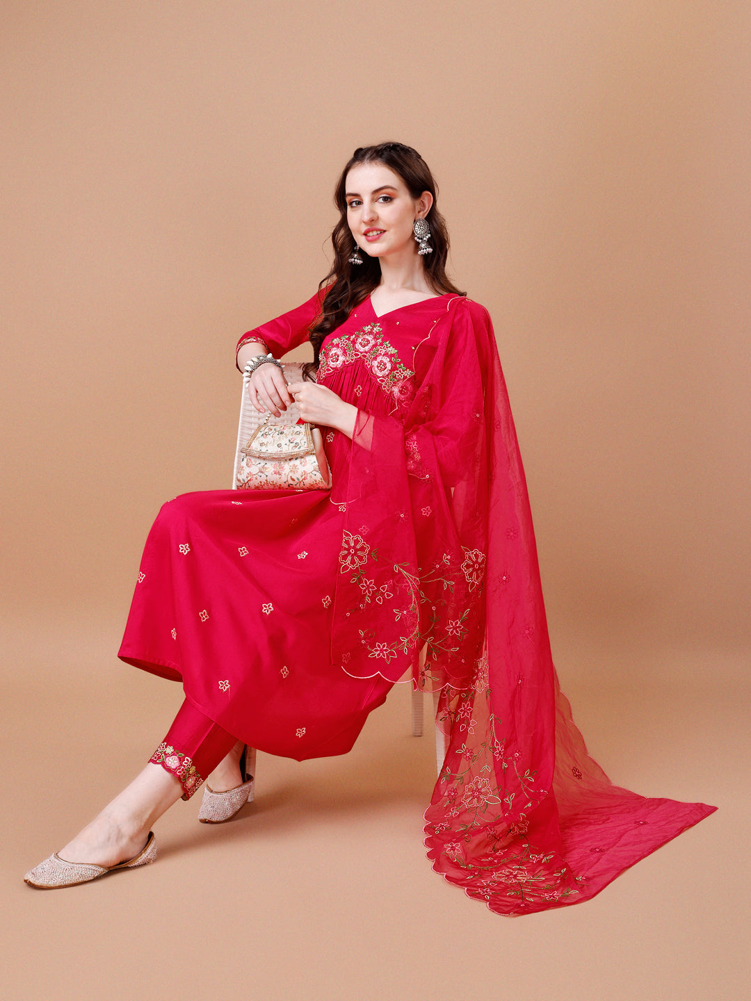 Alia Cut Embroidered Kurta With Pant & Organza Embroidered Dupatta Premium, Multicolor - Hiral Fashion