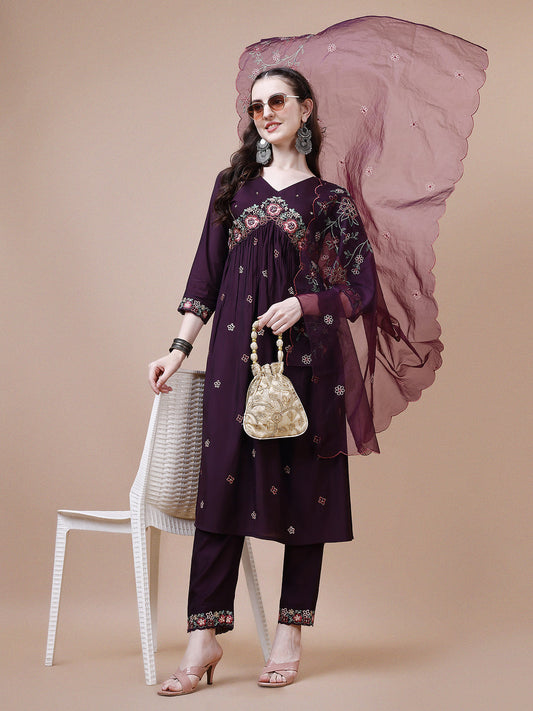 Alia Cut Embroidered Kurta With Pant & Organza Embroidered Dupatta Premium, Multicolor - Hiral Fashion