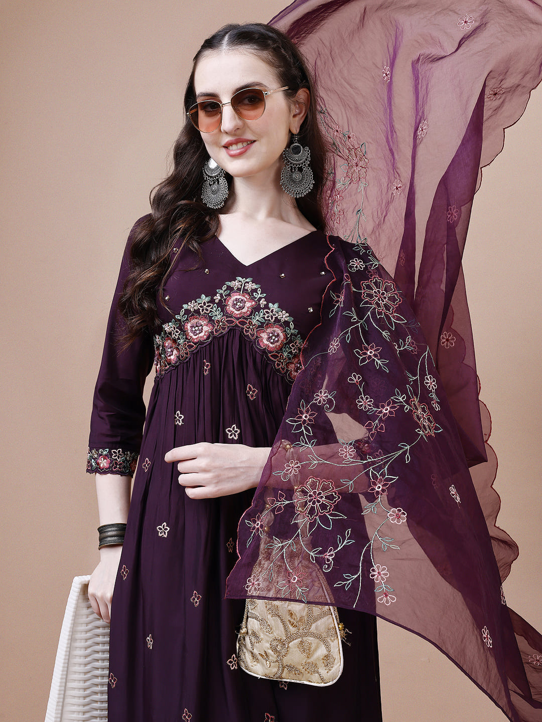 Alia Cut Embroidered Kurta With Pant & Organza Embroidered Dupatta Premium, Multicolor - Hiral Fashion