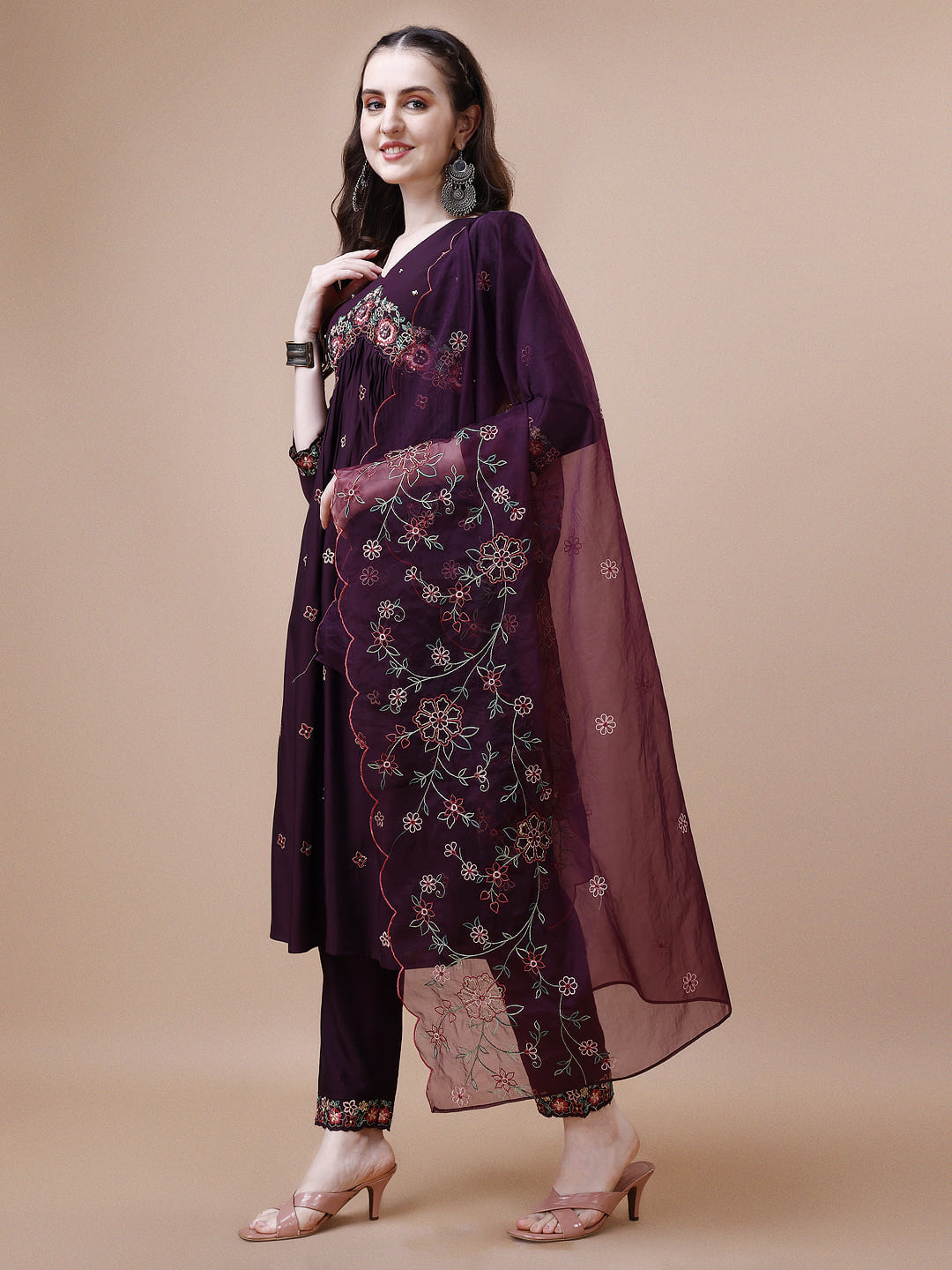 Alia Cut Embroidered Kurta With Pant & Organza Embroidered Dupatta Premium, Multicolor - Hiral Fashion