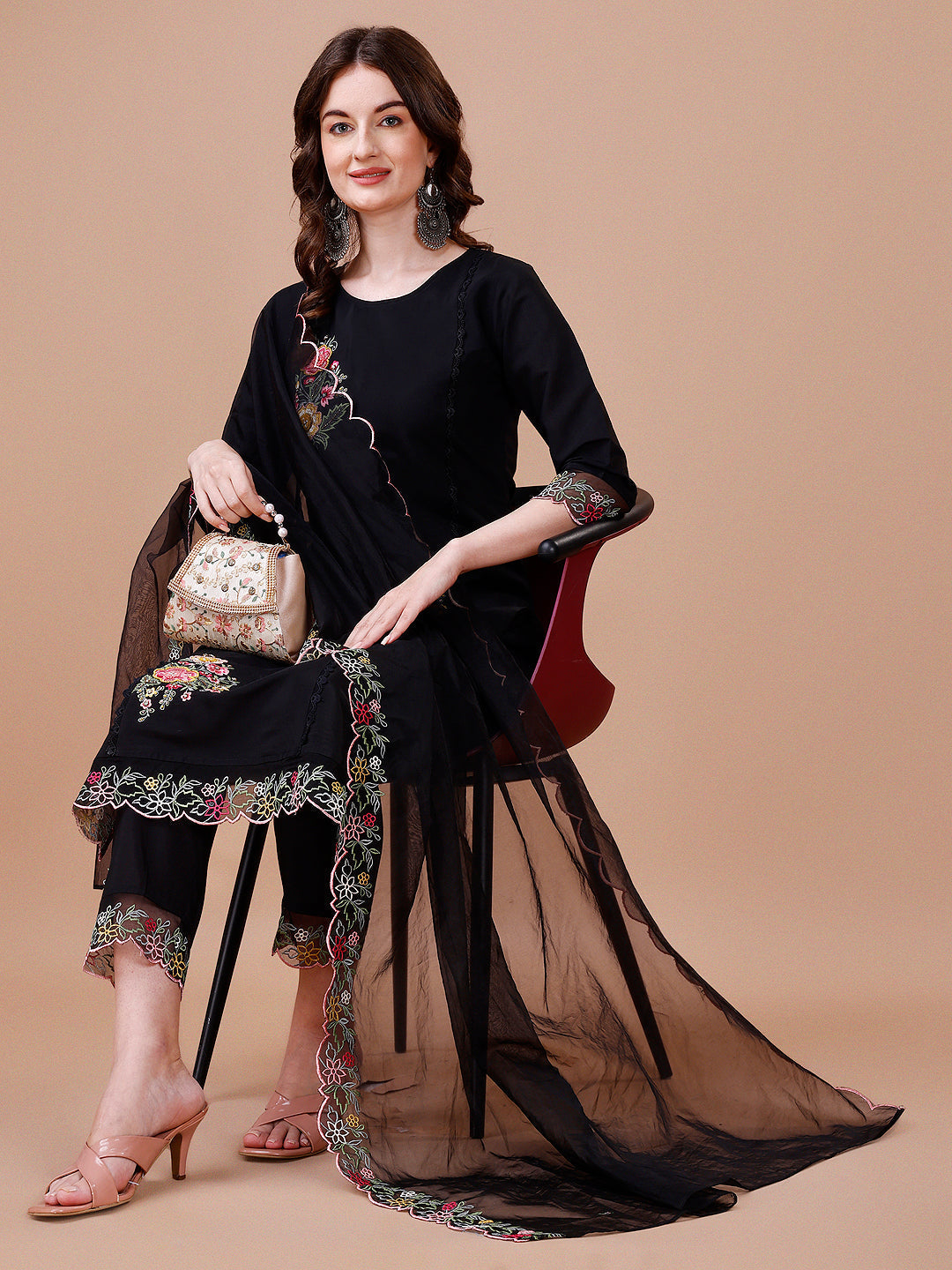 Hand Embroidered Kurta With Pant & Embroidered Organza Dupatta Premium, Multicolor - Hiral Fashion
