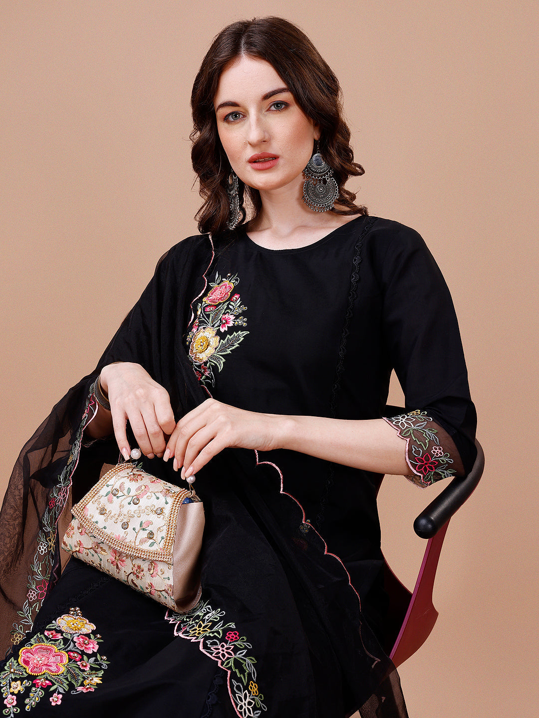 Hand Embroidered Kurta With Pant & Embroidered Organza Dupatta Premium, Multicolor - Hiral Fashion