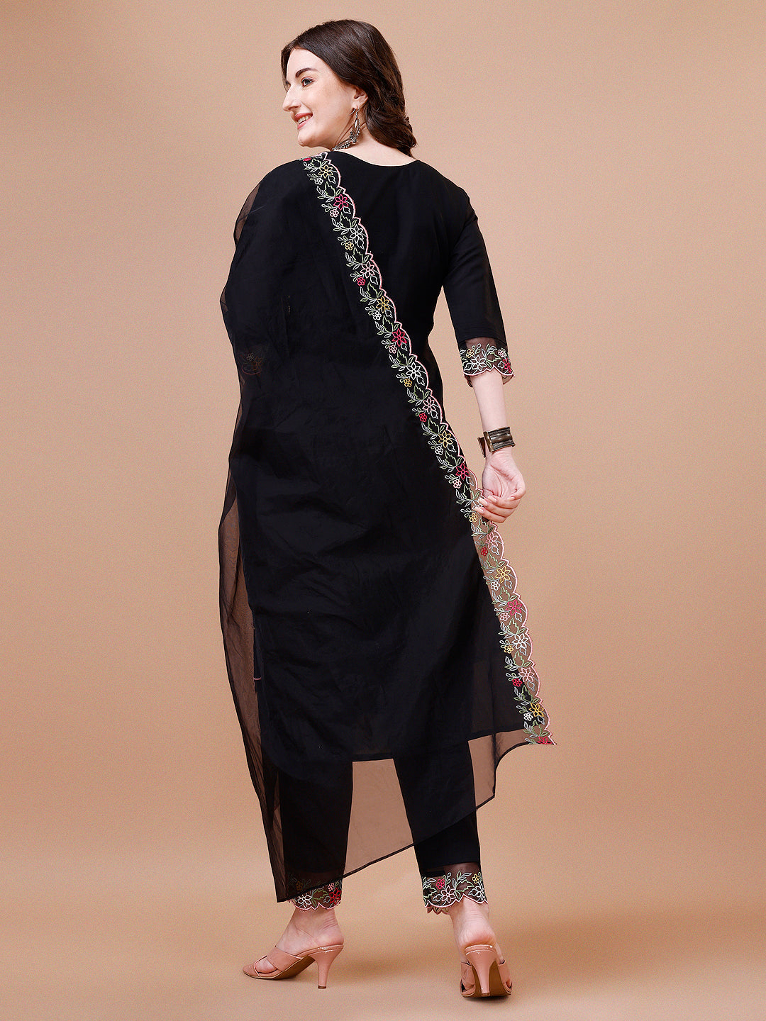 Hand Embroidered Kurta With Pant & Embroidered Organza Dupatta Premium, Multicolor - Hiral Fashion