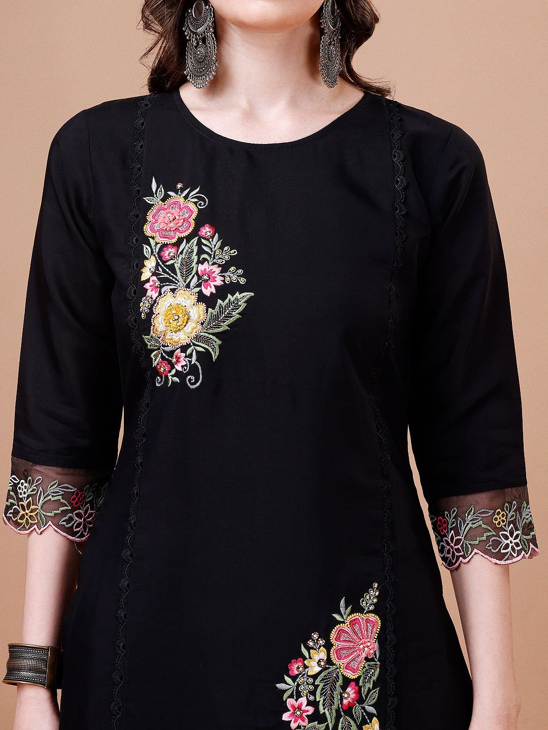 Hand Embroidered Kurta With Pant & Embroidered Organza Dupatta Premium, Multicolor - Hiral Fashion