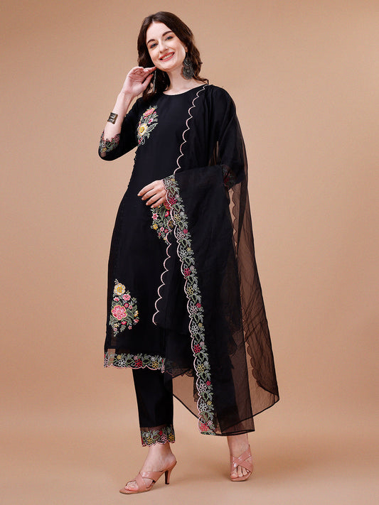 Hand Embroidered Kurta With Pant & Embroidered Organza Dupatta Premium, Multicolor - Hiral Fashion