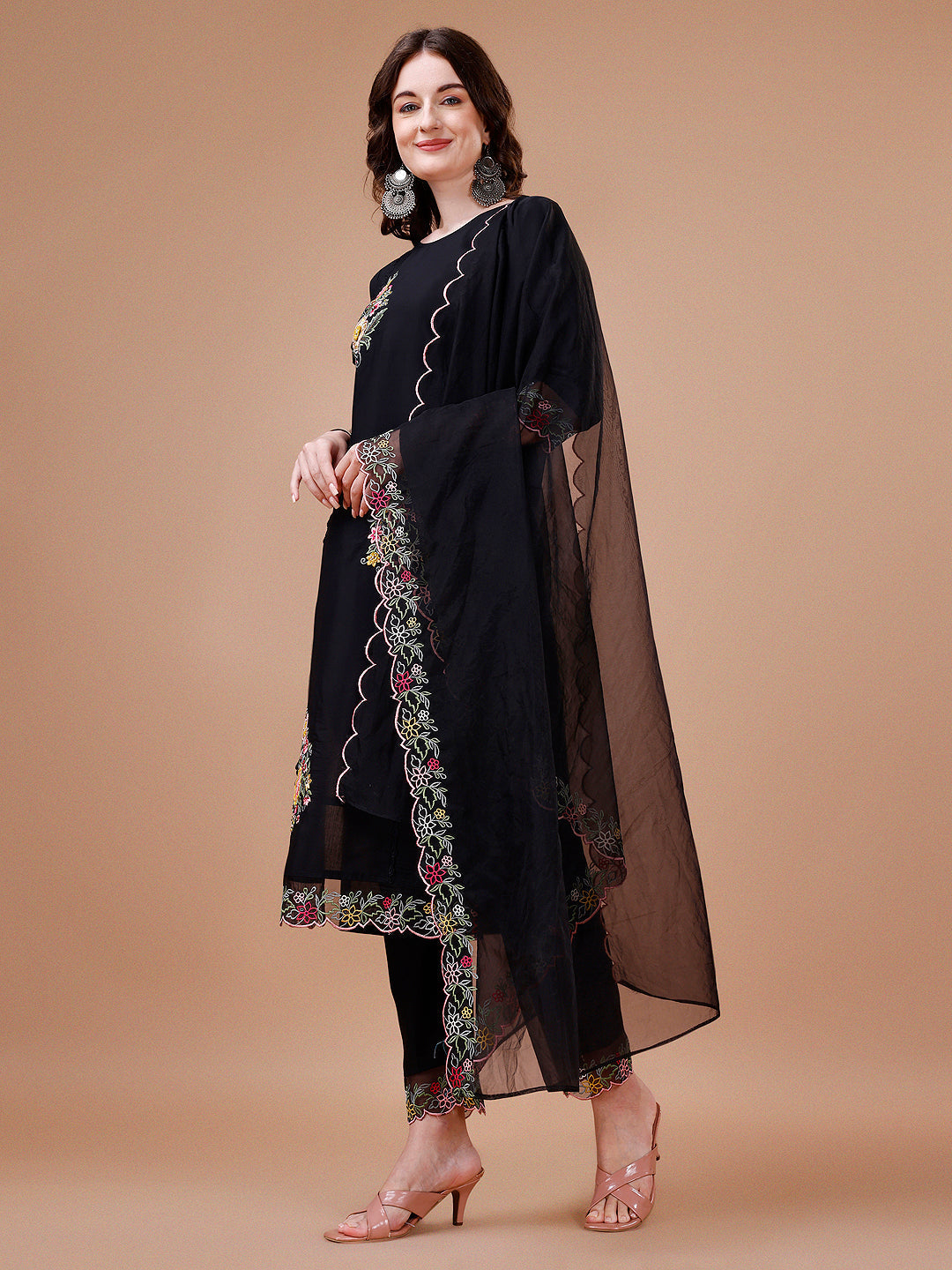 Hand Embroidered Kurta With Pant & Embroidered Organza Dupatta Premium, Multicolor - Hiral Fashion