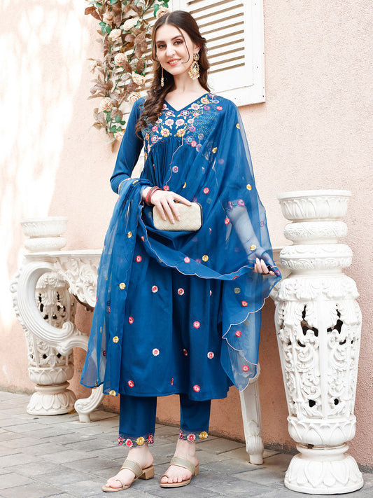 Hand Embroidered Alia Cut Kurta With Pant & Embroidered Organza Dupatta Premium Luxury, Multicolor - Hiral Fashion