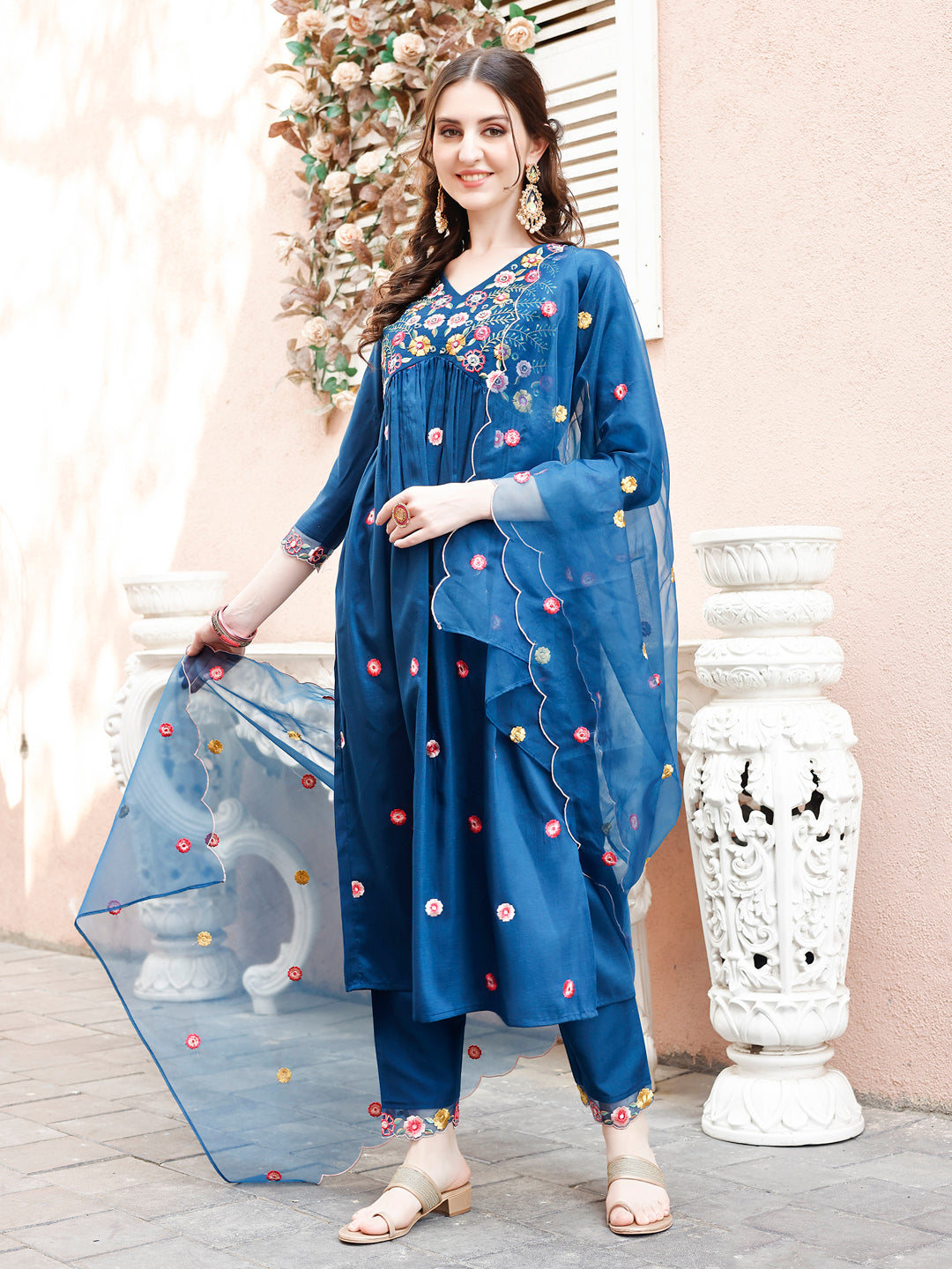 Hand Embroidered Alia Cut Kurta With Pant & Embroidered Organza Dupatta Premium Luxury, Multicolor - Hiral Fashion