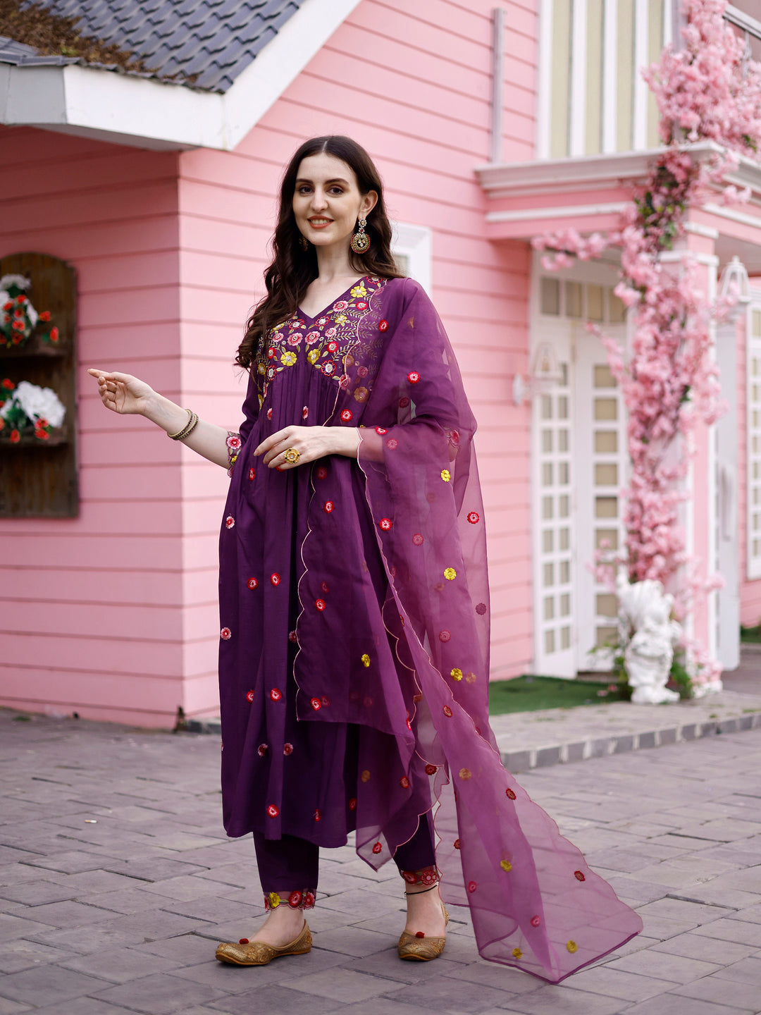 Hand Embroidered Alia Cut Kurta With Pant & Embroidered Organza Dupatta Premium, Multicolor - Hiral Fashion
