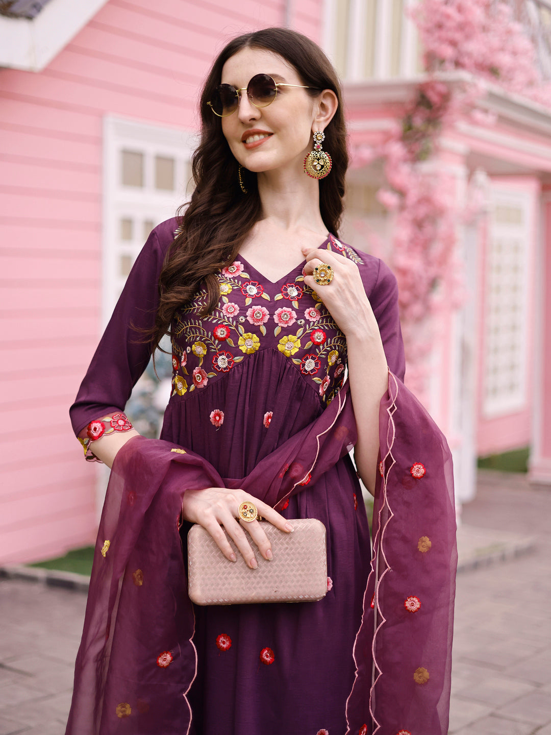 Hand Embroidered Alia Cut Kurta With Pant & Embroidered Organza Dupatta Premium, Multicolor - Hiral Fashion
