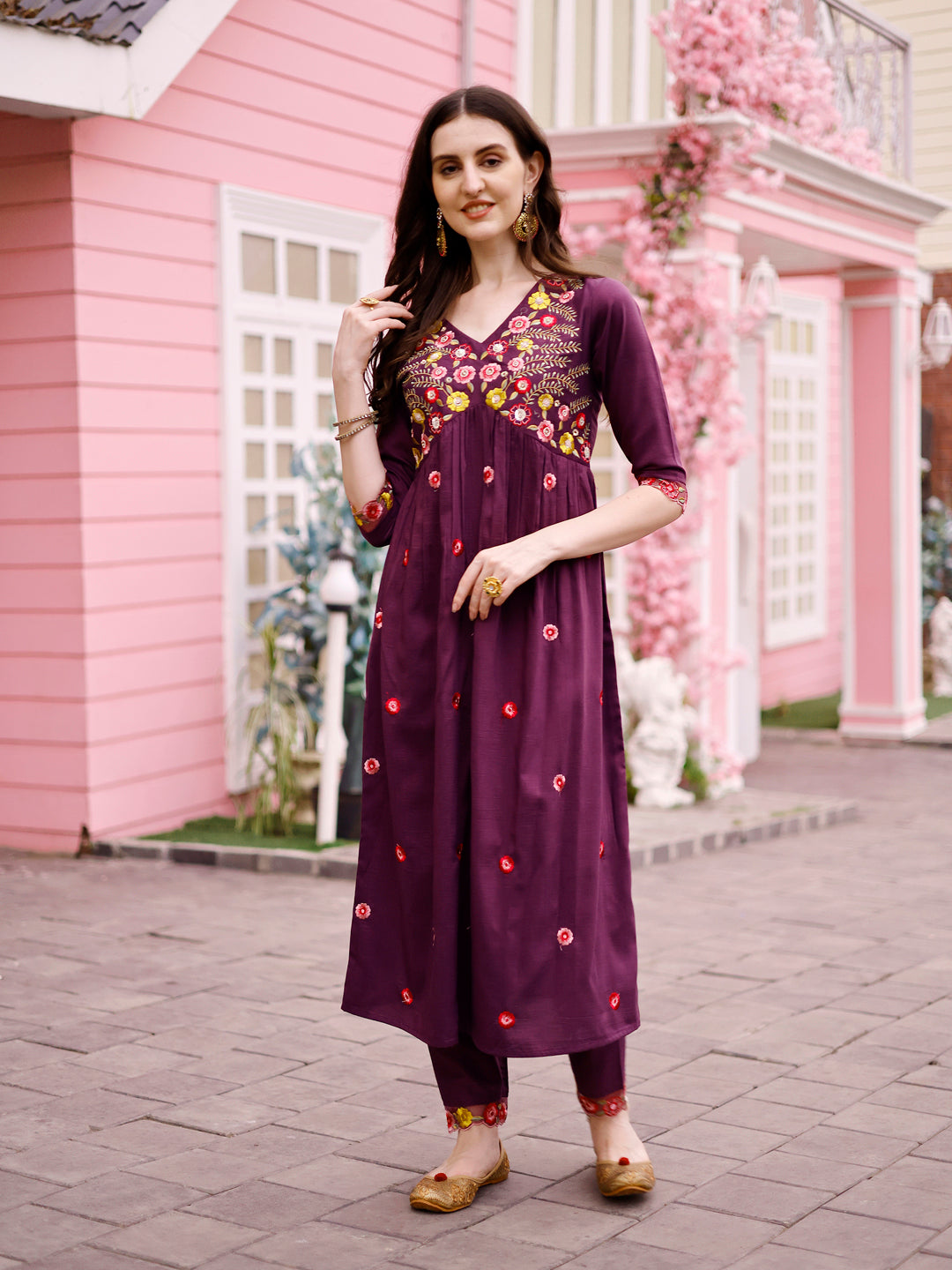 Hand Embroidered Alia Cut Kurta With Pant & Embroidered Organza Dupatta Premium, Multicolor - Hiral Fashion