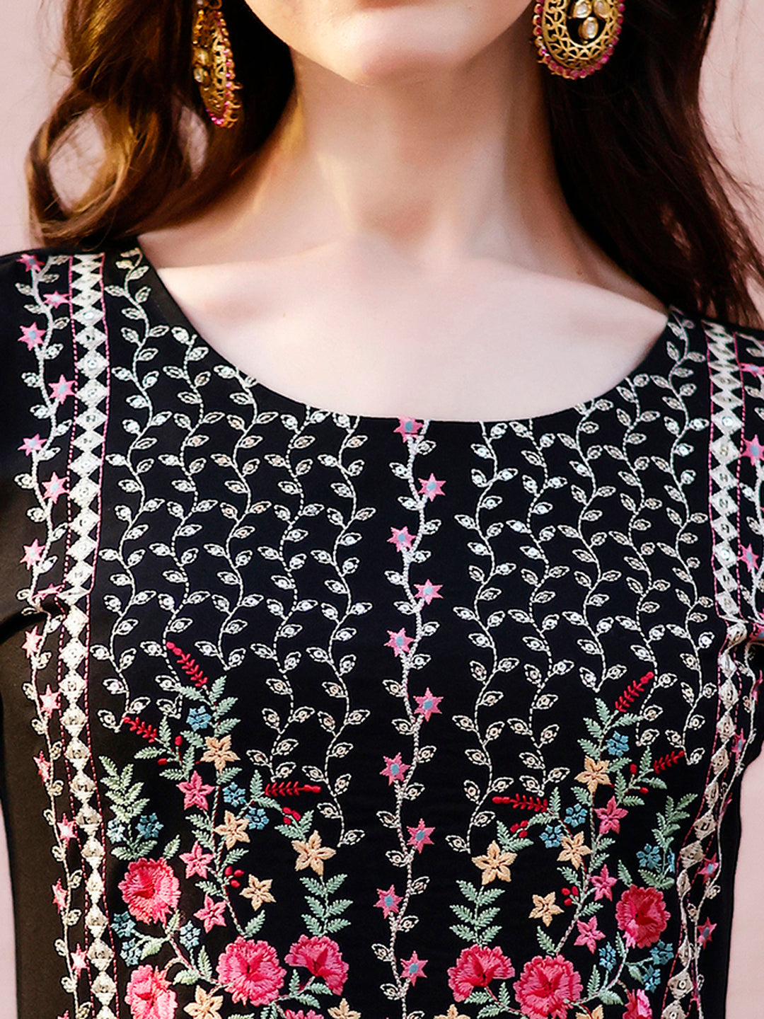 Nyra Cut Floral Front Embroidered Kurta With Pant & Organza Embroidered Dupatta Premium Luxury, Multicolor - Hiral Fashion