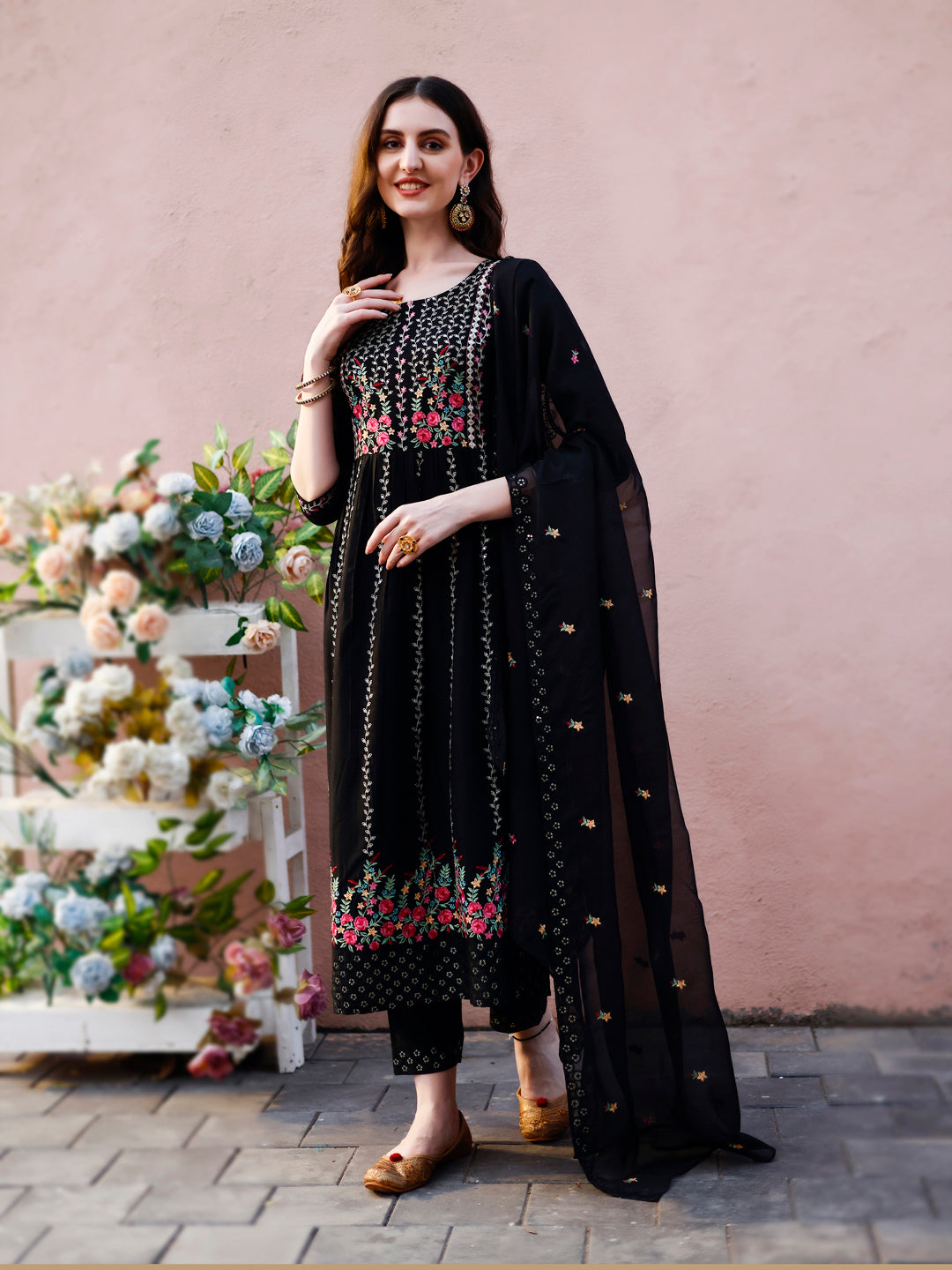 Nyra Cut Floral Front Embroidered Kurta With Pant & Organza Embroidered Dupatta Premium Luxury, Multicolor - Hiral Fashion