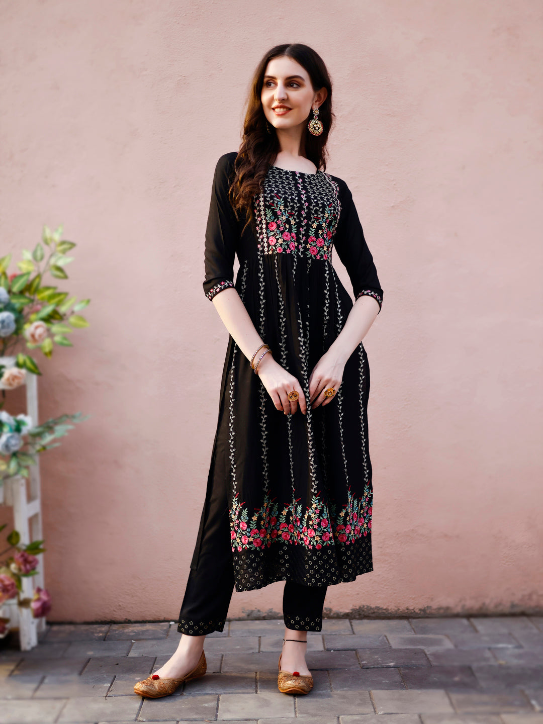 Nyra Cut Floral Front Embroidered Kurta With Pant & Organza Embroidered Dupatta Premium Luxury, Multicolor - Hiral Fashion